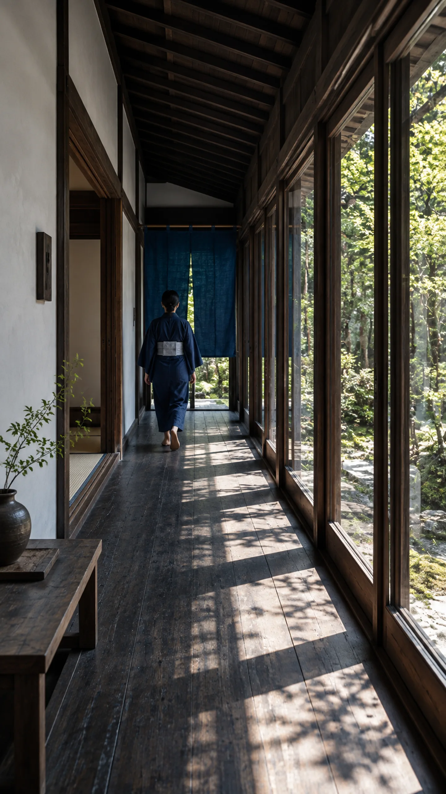 Kumo branded campaign artwork: An indigo noren and afternoon tea in a Kyoto ryokan