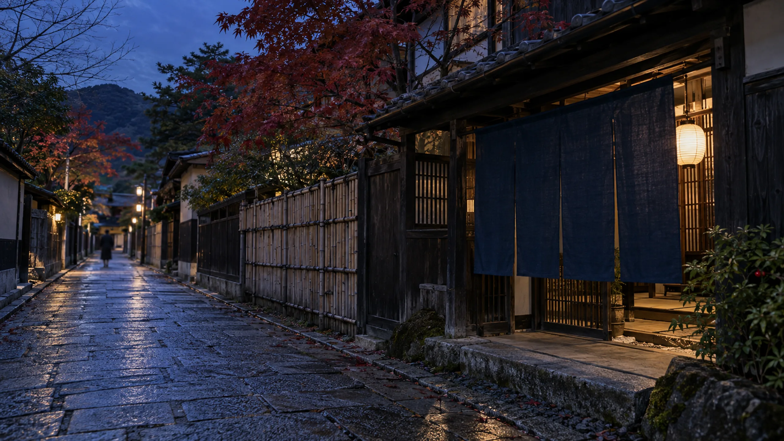 Kumo branded context artwork: An indigo noren and afternoon tea in a Kyoto ryokan