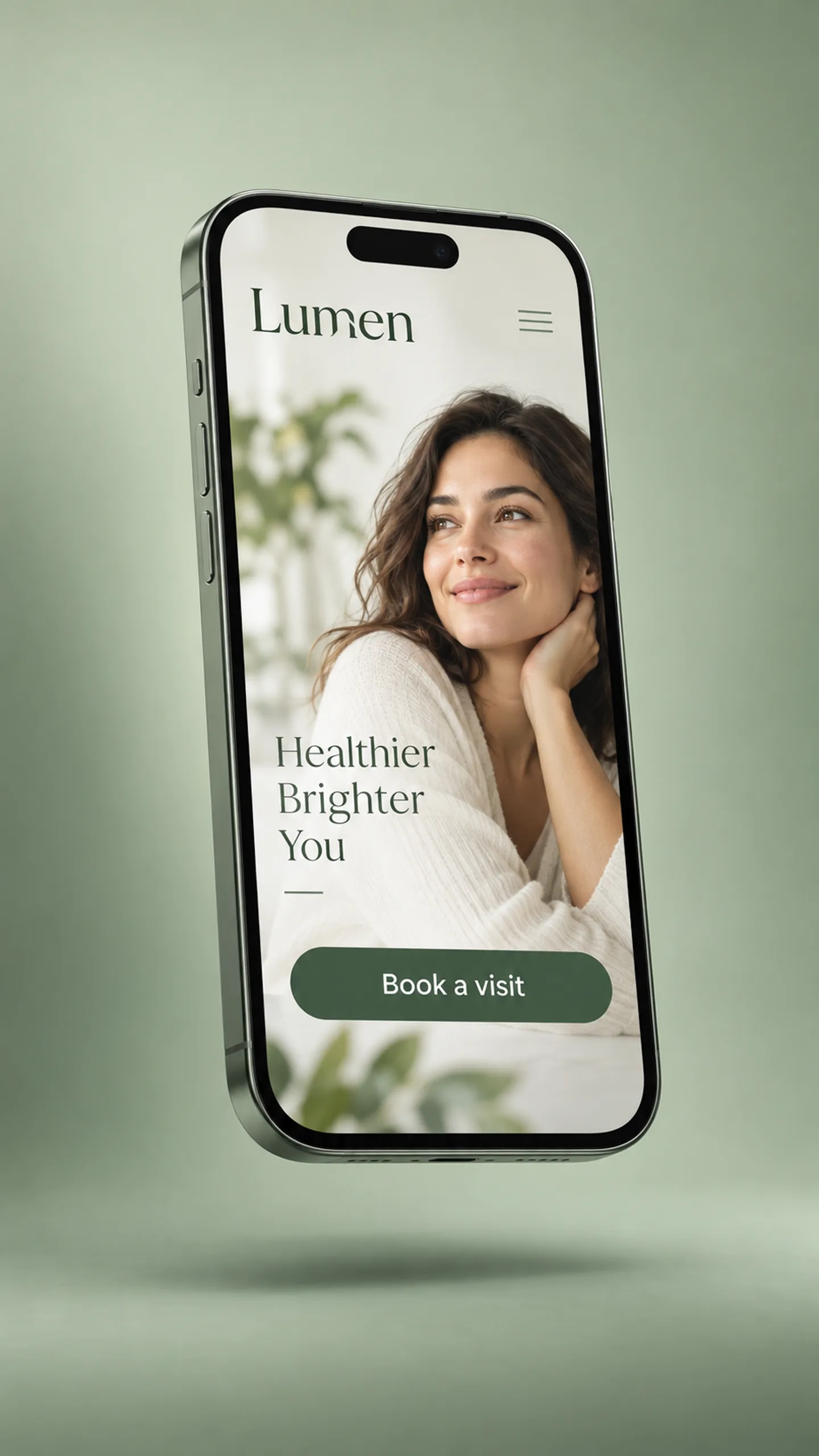 Lumen branded campaign artwork: A calm sage-green clinic website on laptop and phone