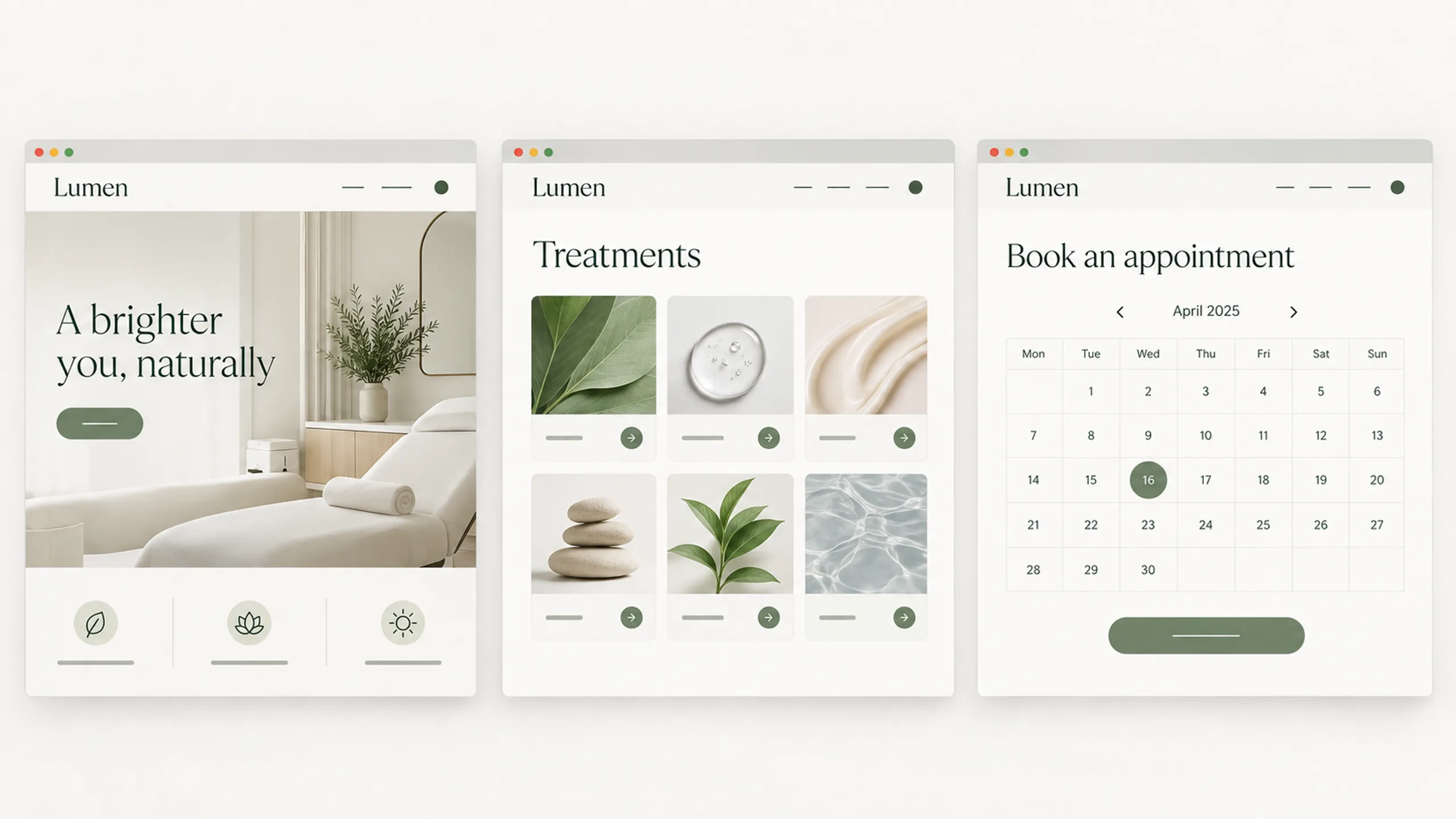Lumen branded context artwork: A calm sage-green clinic website on laptop and phone