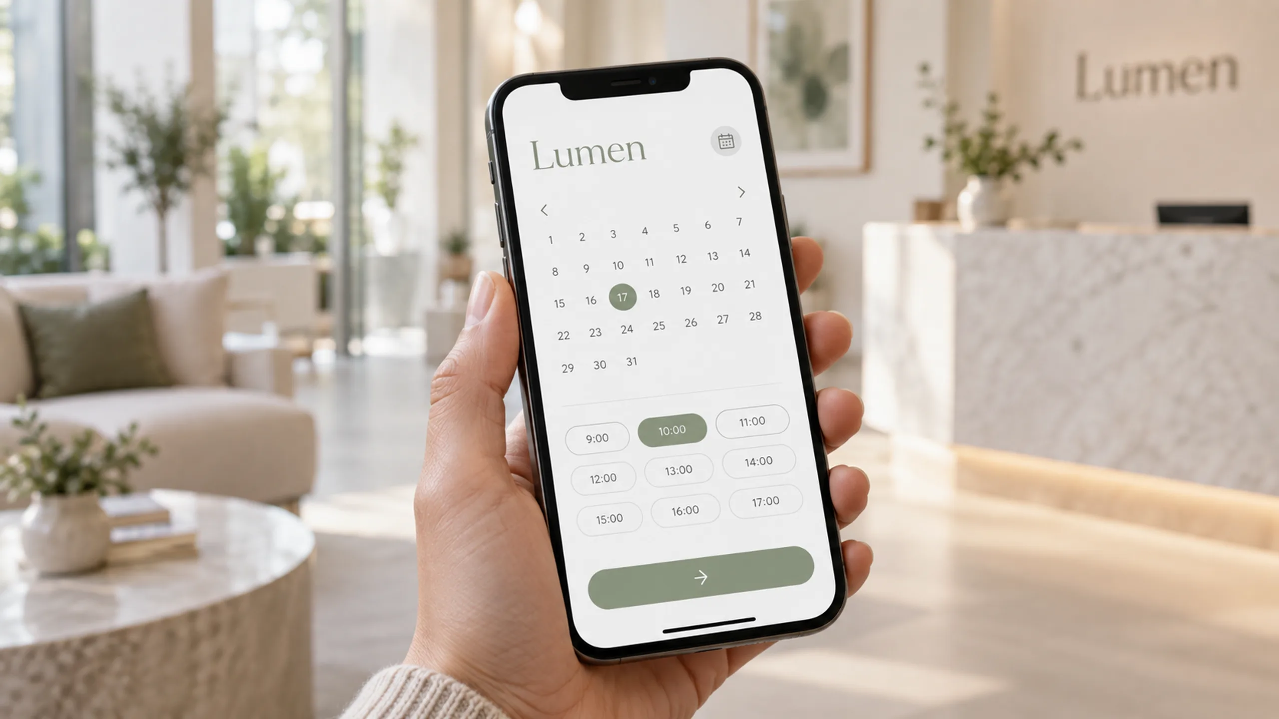 Lumen branded detail artwork: A calm sage-green clinic website on laptop and phone