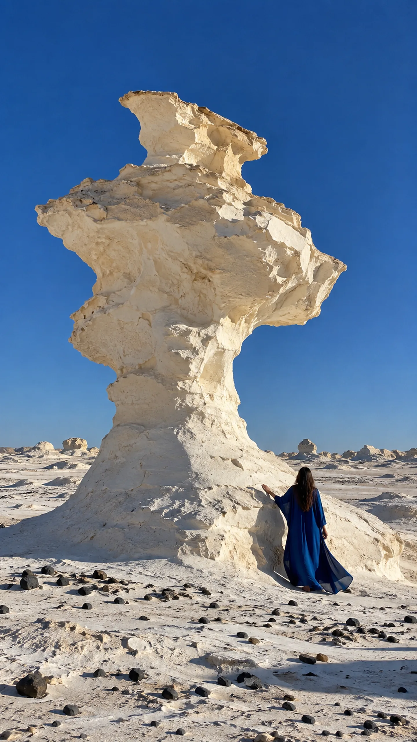 Nefer branded campaign artwork: A faience perfume flacon on raw lapis in hard desert sun