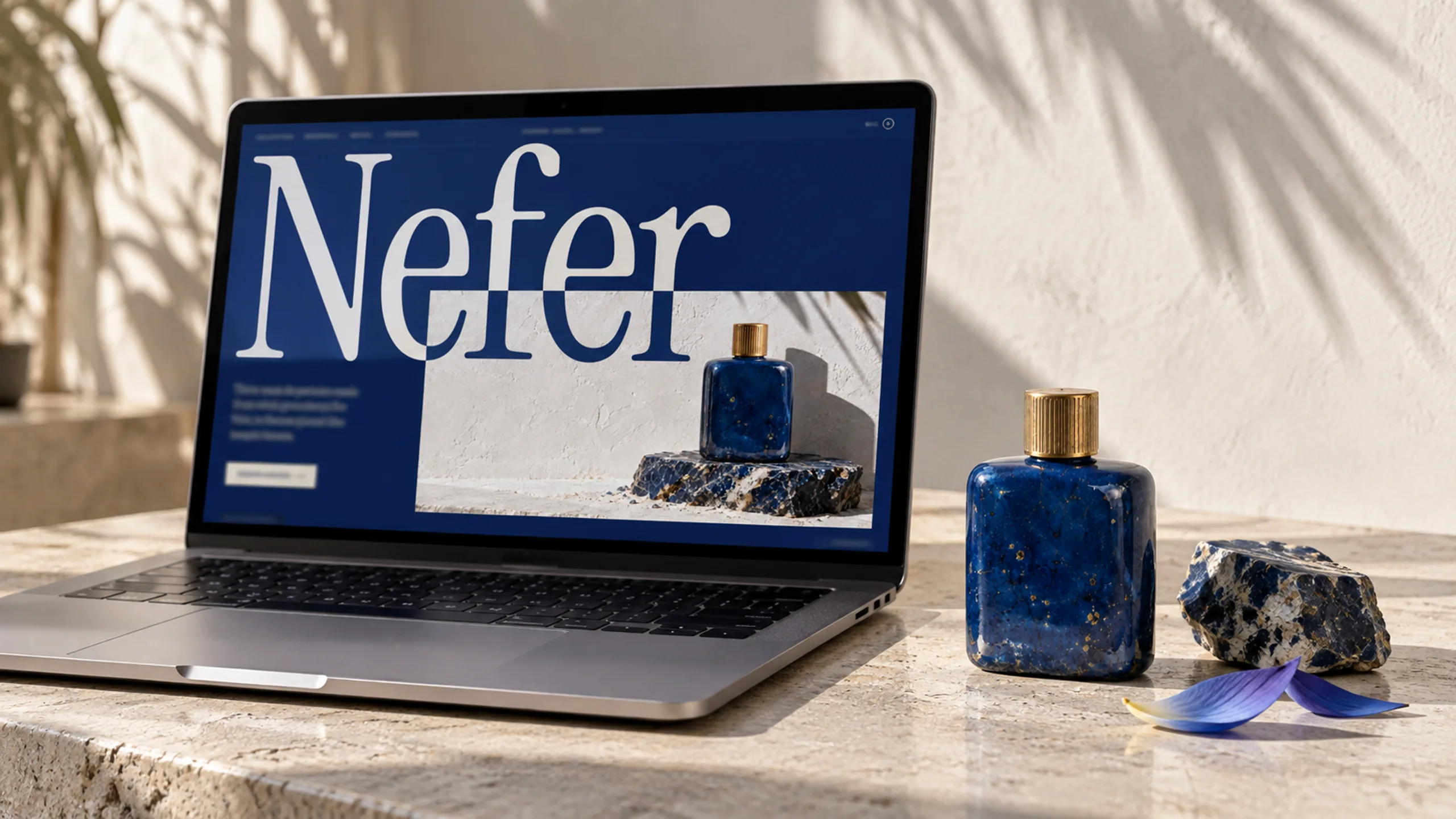 Nefer branded context artwork: A faience perfume flacon on raw lapis in hard desert sun