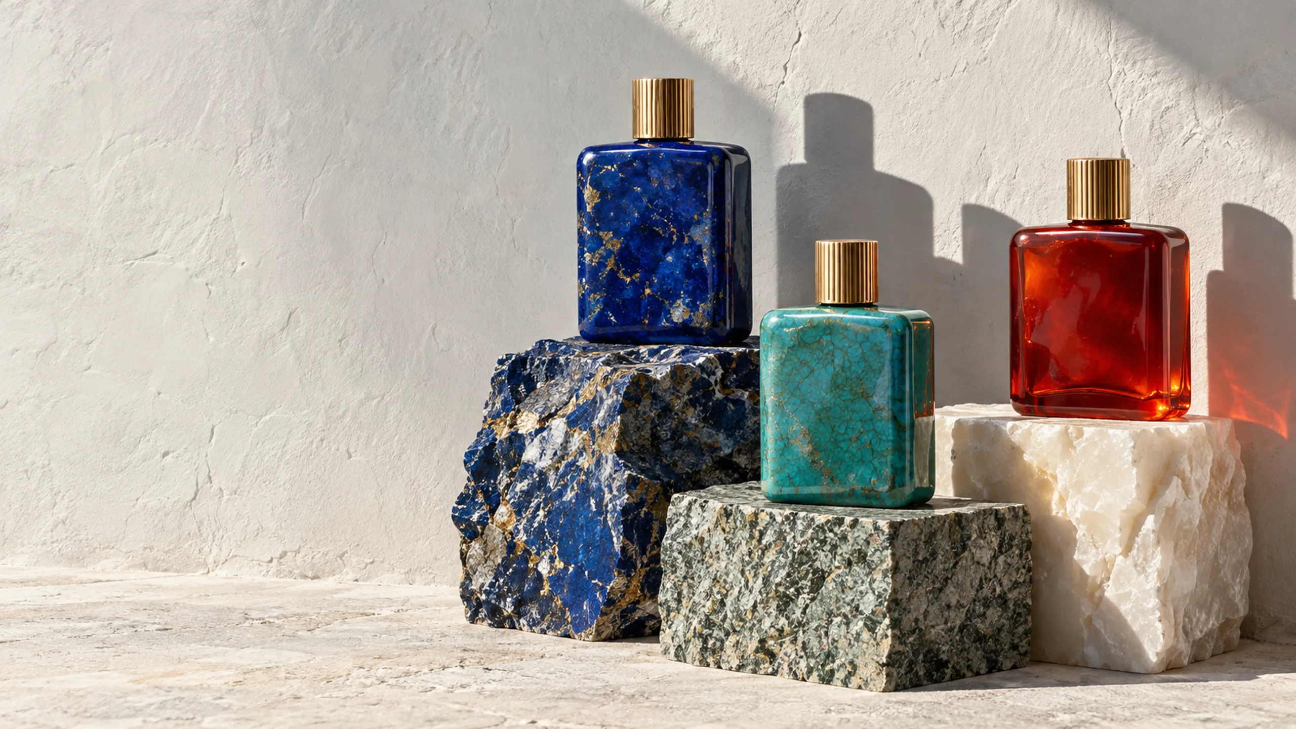 Nefer branded cover artwork: A faience perfume flacon on raw lapis in hard desert sun