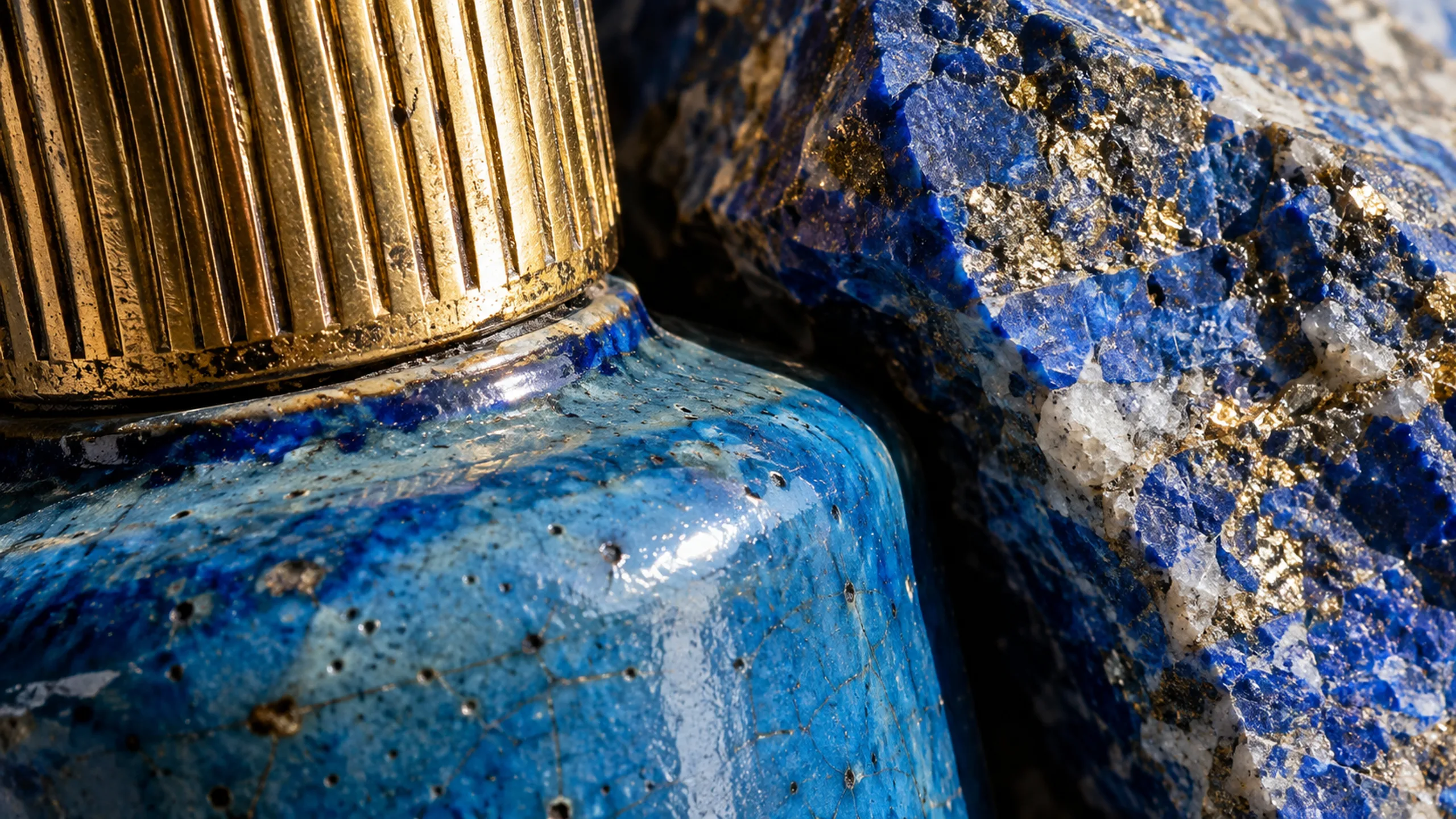 Nefer branded detail artwork: A faience perfume flacon on raw lapis in hard desert sun