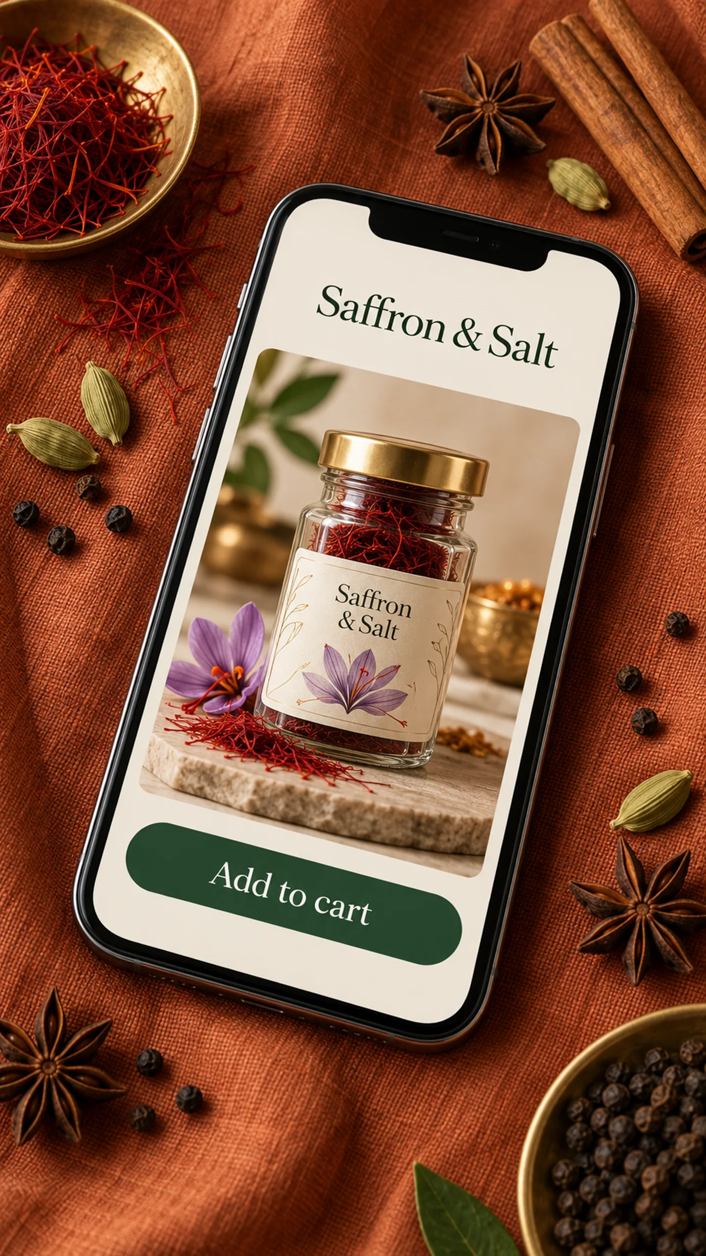 Saffron & Salt branded campaign artwork: Indian spices, glass jars and an online spice store