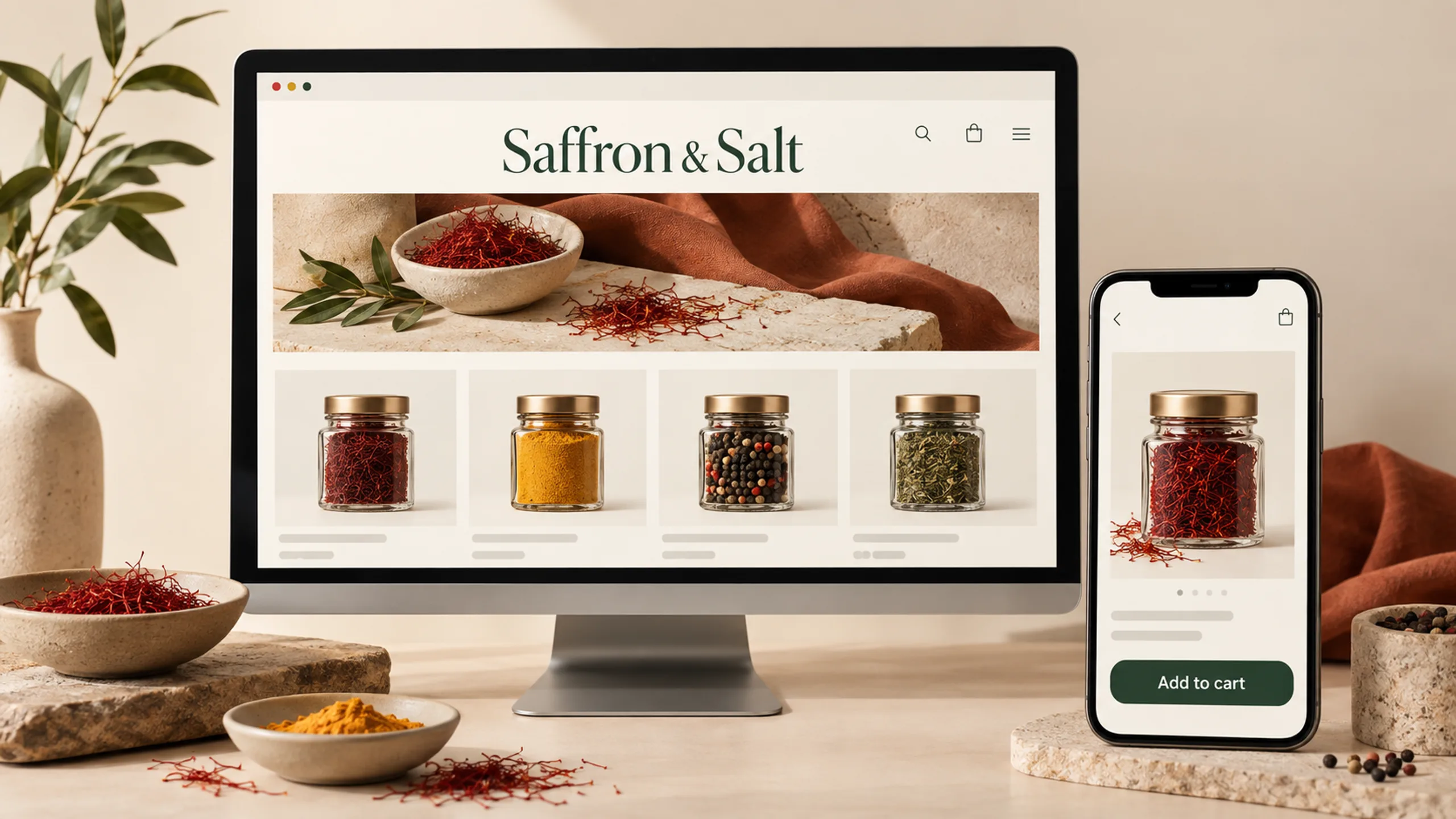 Saffron & Salt branded context artwork: Indian spices, glass jars and an online spice store
