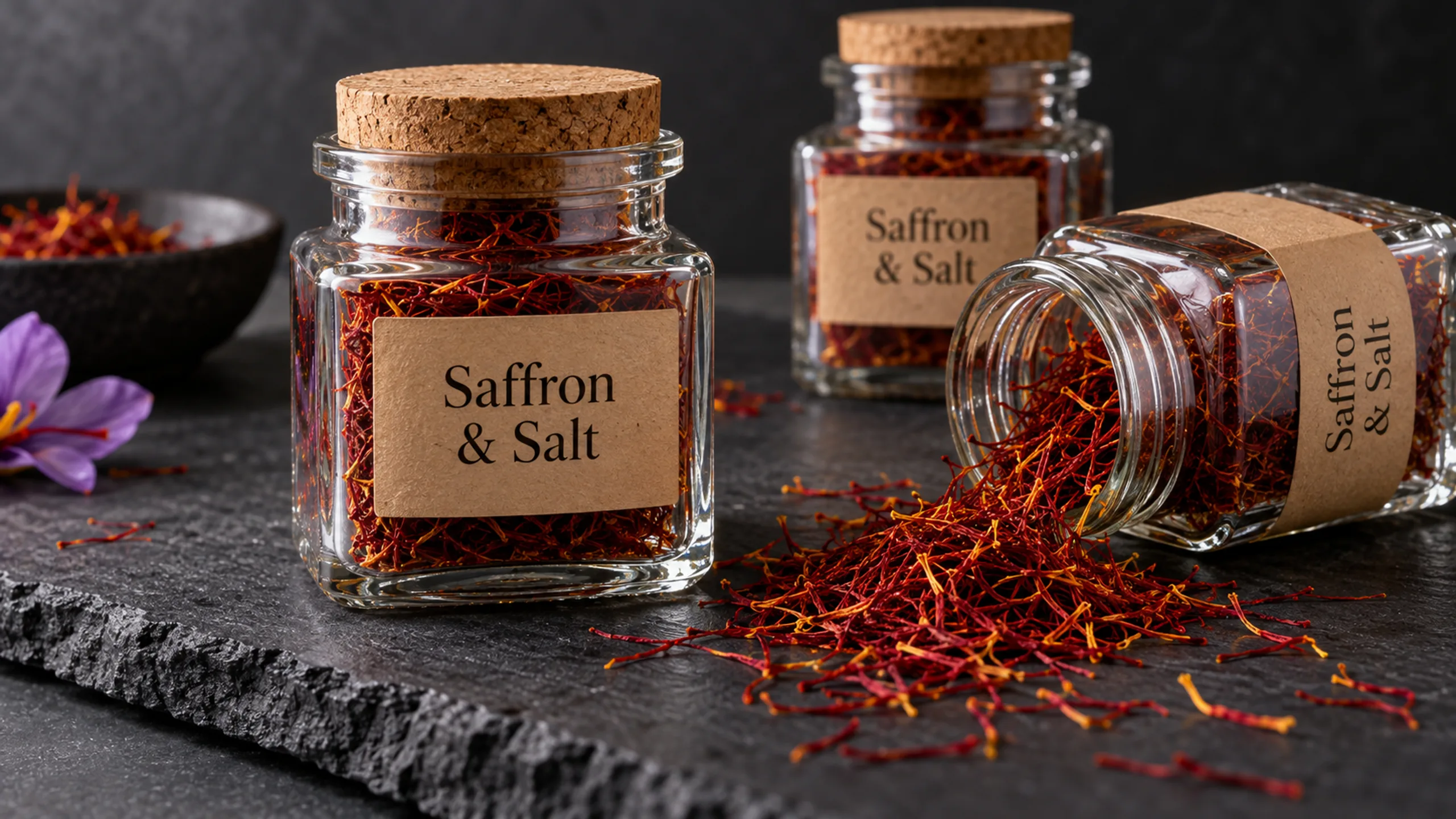 Saffron & Salt branded detail artwork: Indian spices, glass jars and an online spice store