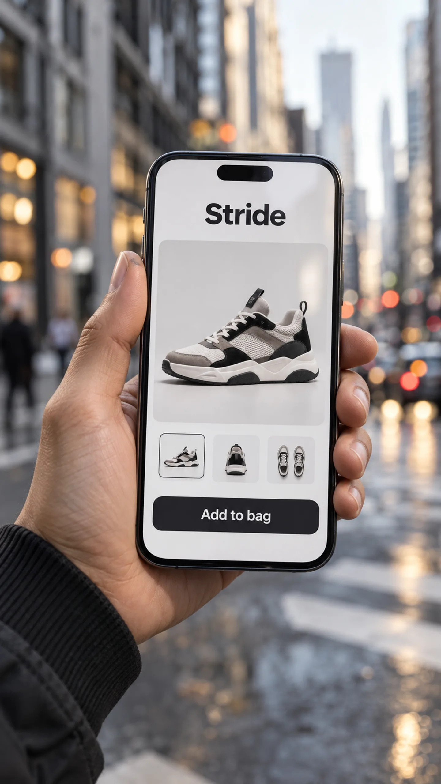 Stride branded campaign artwork: Premium sneakers and a bold streetwear web store