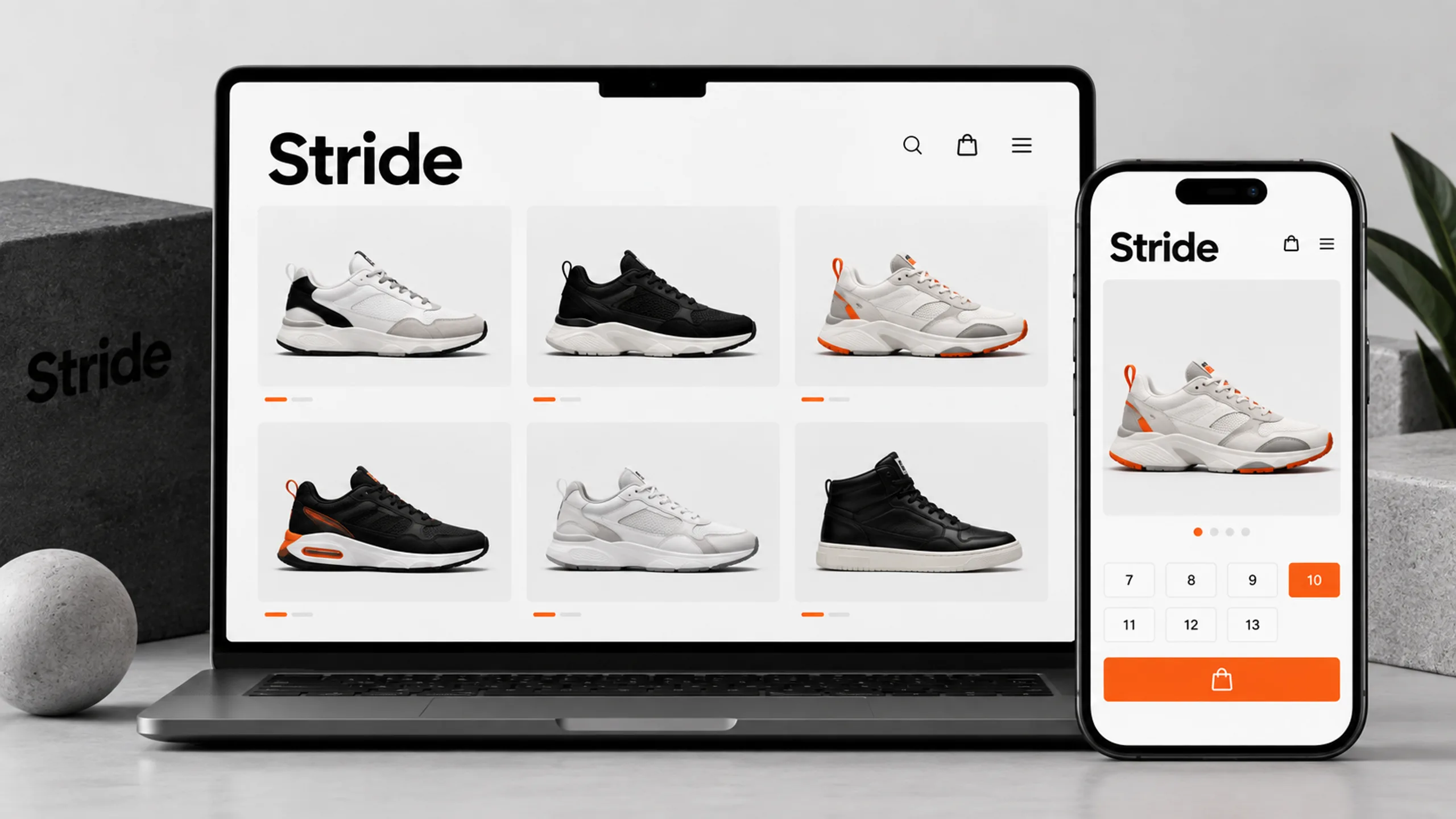 Stride branded context artwork: Premium sneakers and a bold streetwear web store