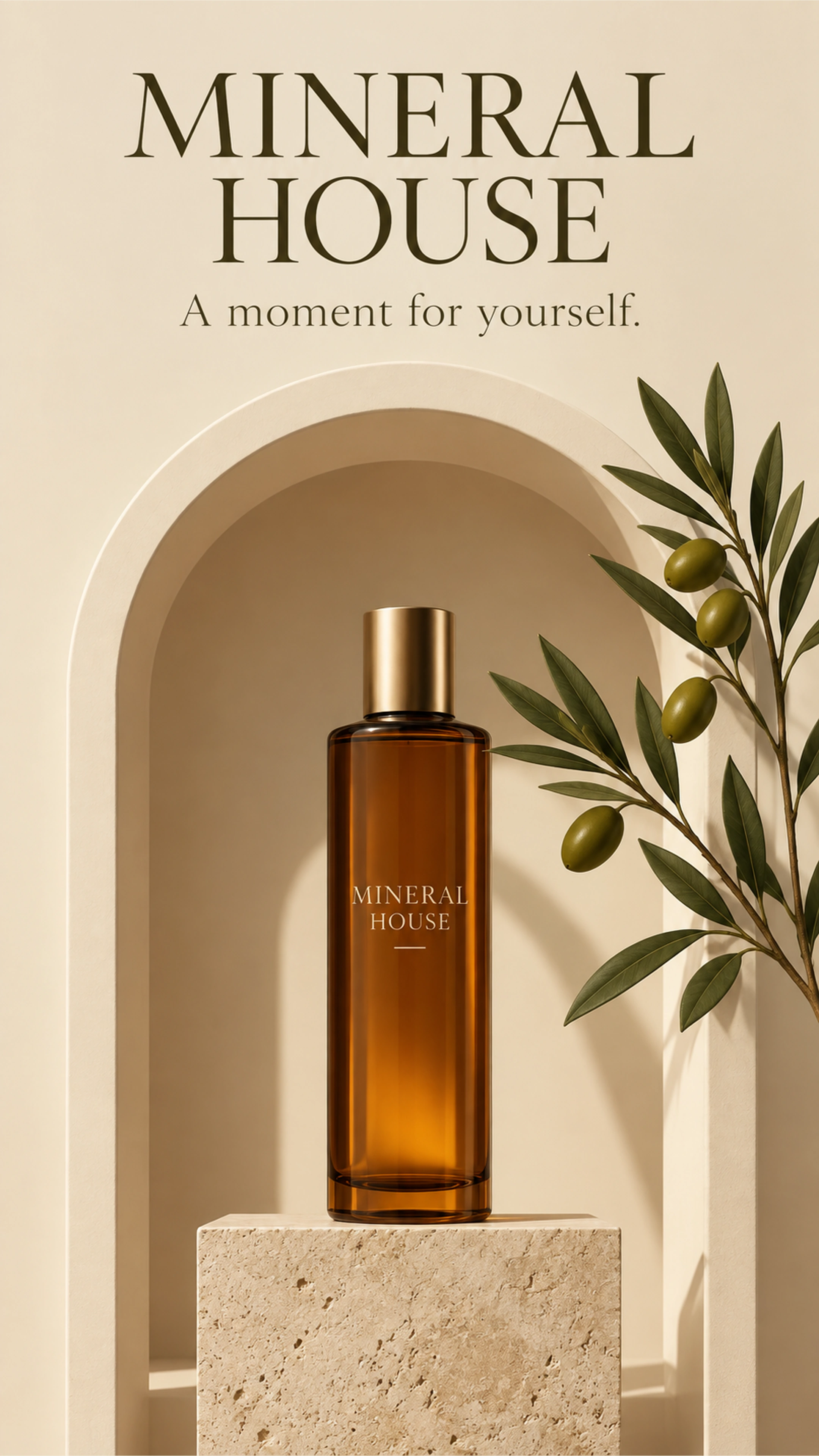 Mineral House branded campaign artwork: Amber skincare bottles and botanical packaging