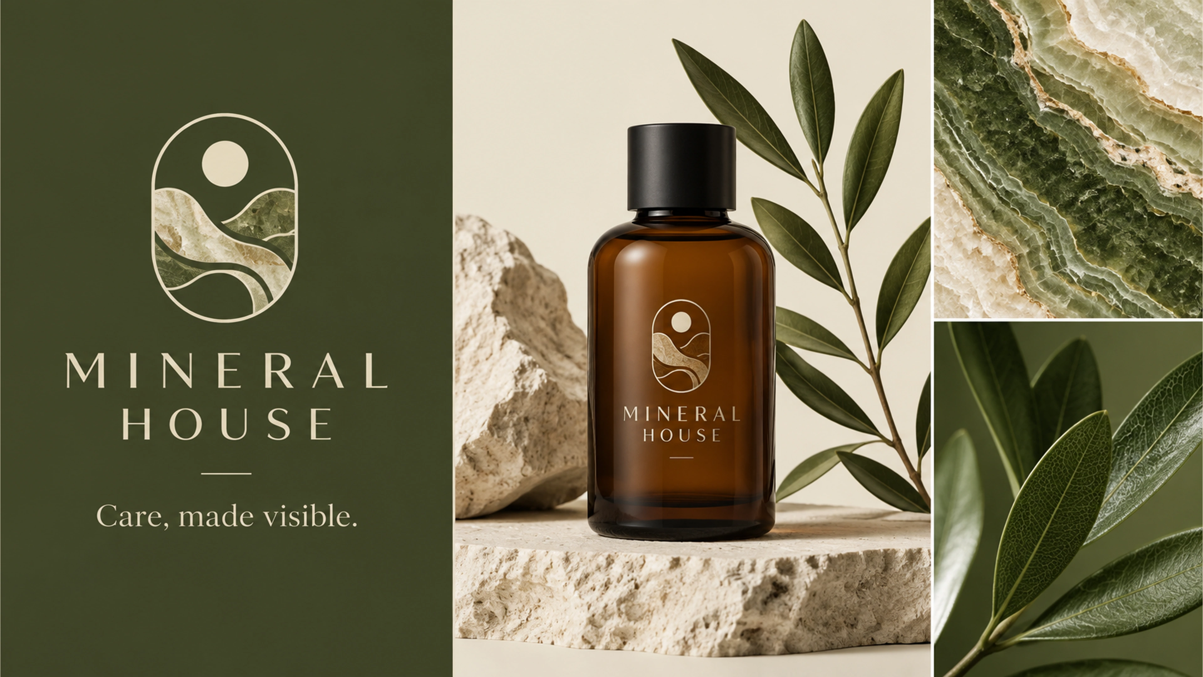 Mineral House branded context artwork: Amber skincare bottles and botanical packaging