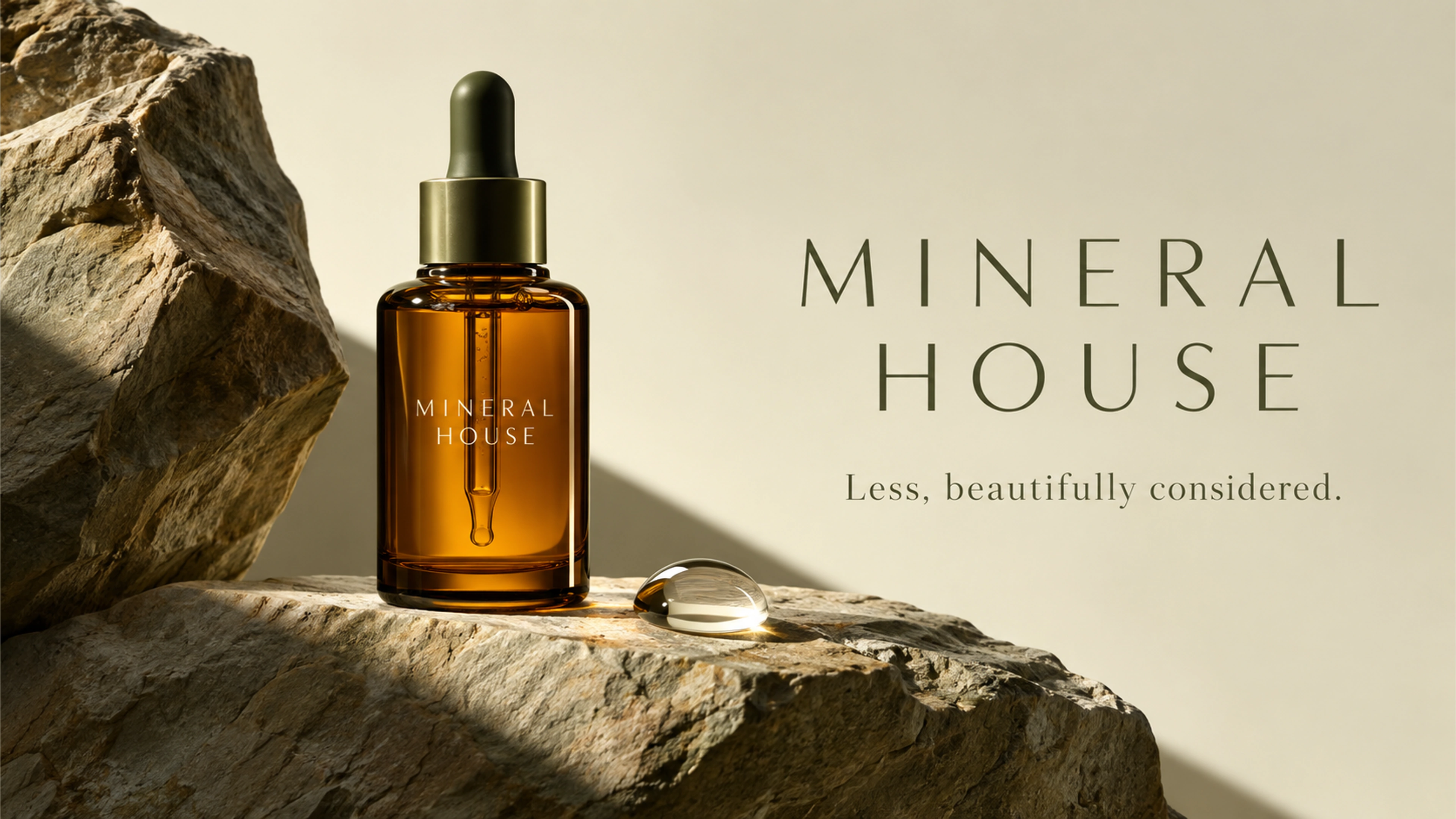 Mineral House branded detail artwork: Amber skincare bottles and botanical packaging