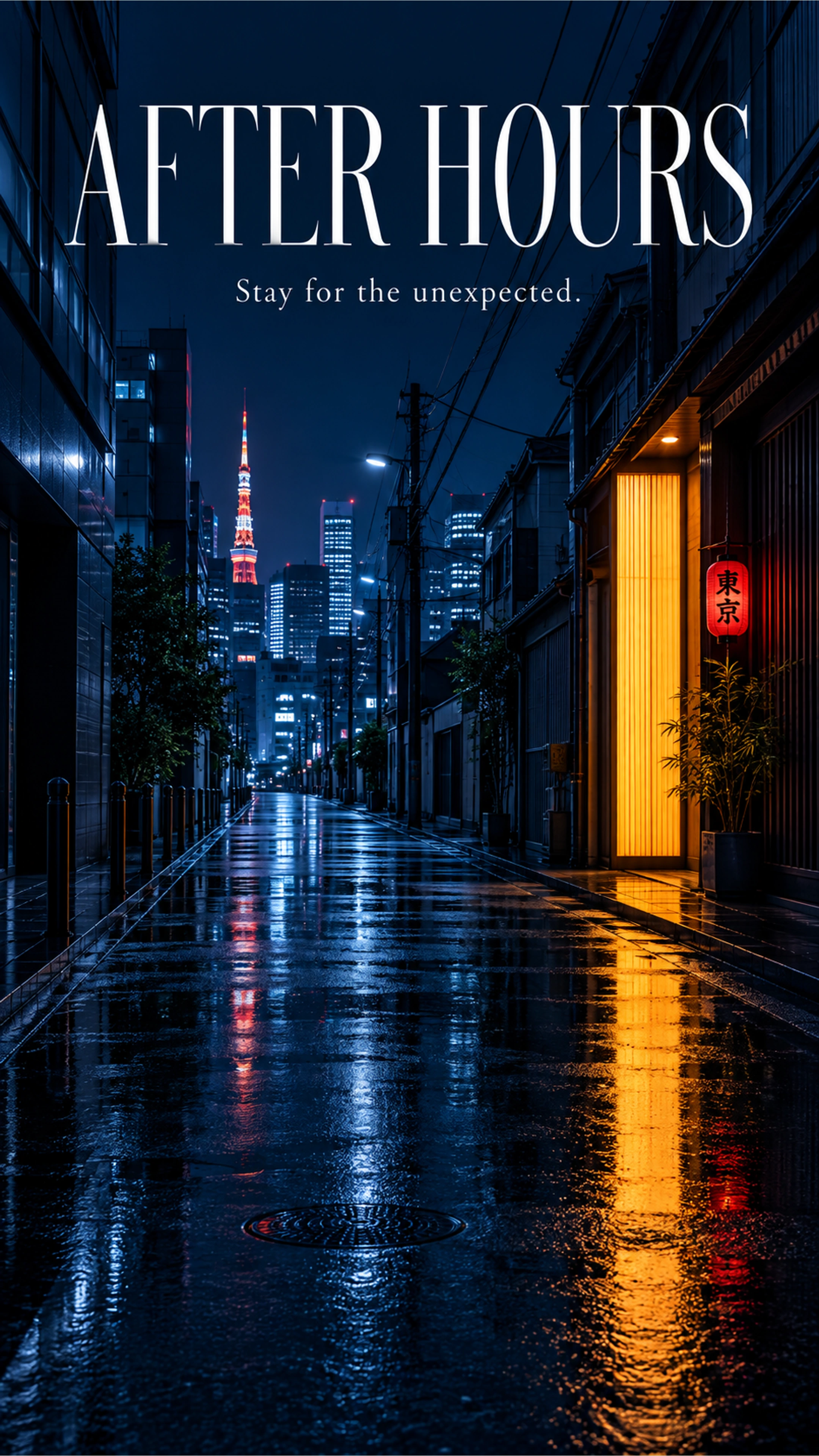 After Hours branded campaign artwork: Empty blue-hour streets and rain-lit architectural details