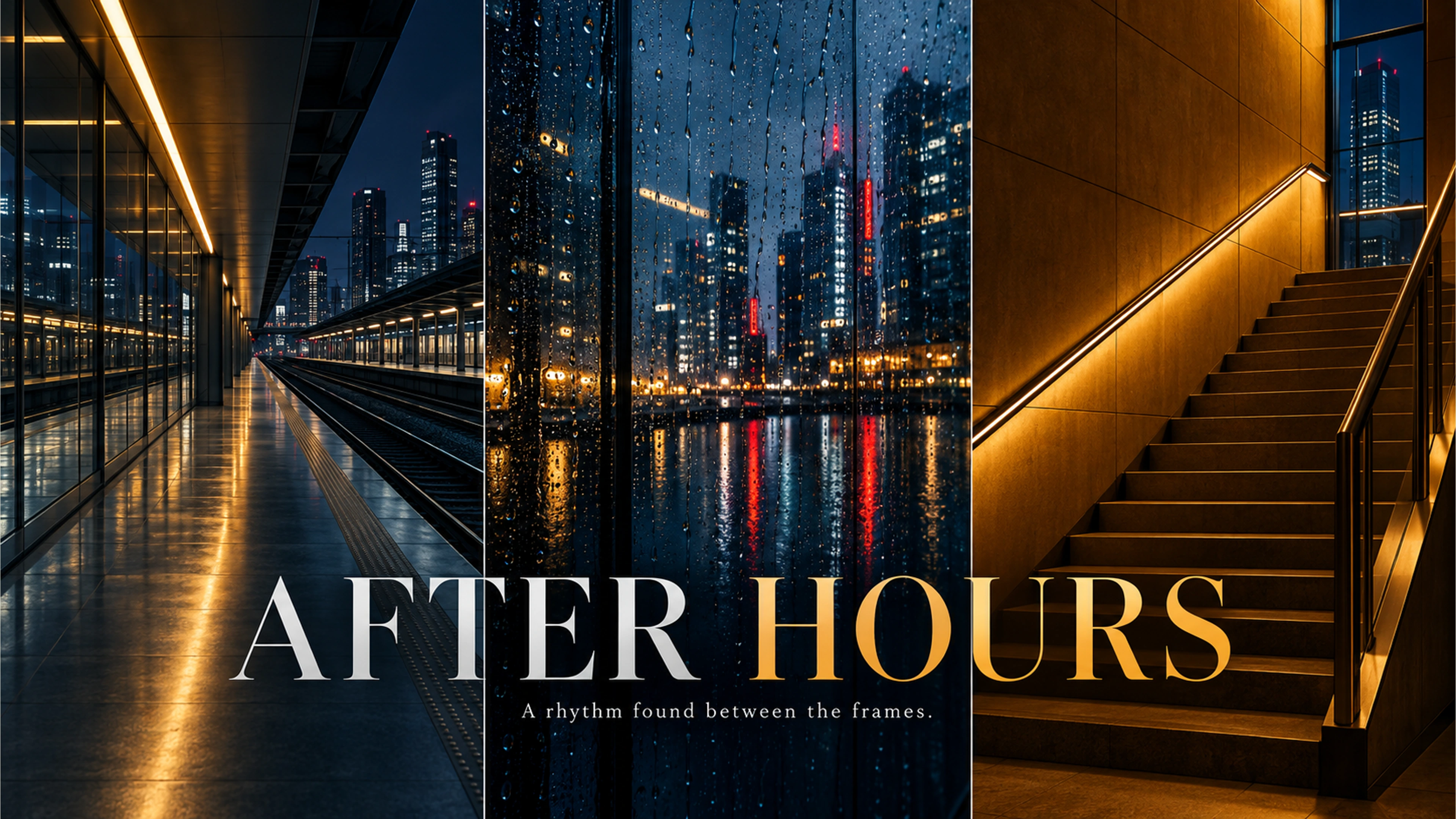 After Hours branded detail artwork: Empty blue-hour streets and rain-lit architectural details