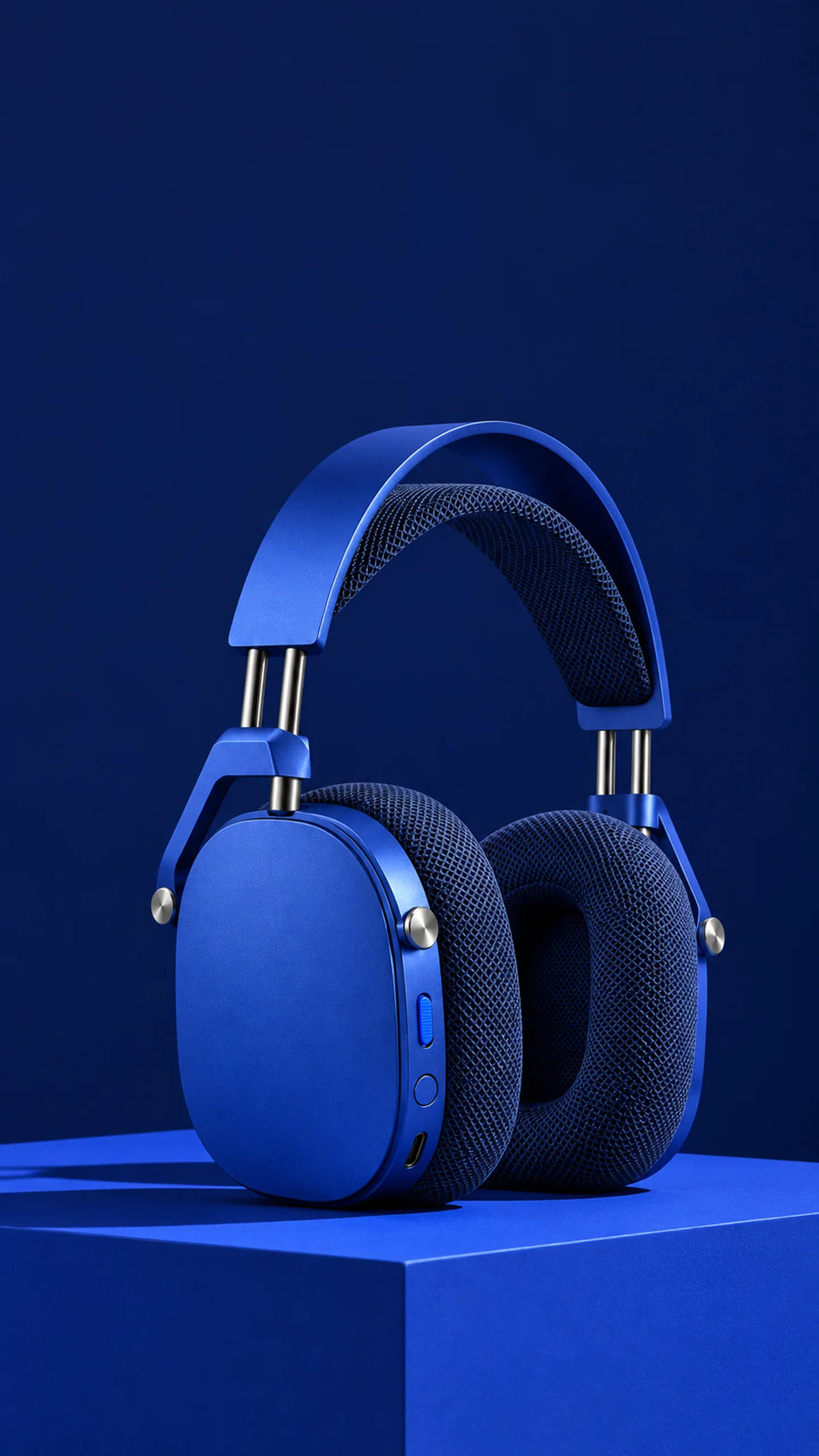 Aura One branded campaign artwork: Aluminium wireless headphones on concrete in daylight