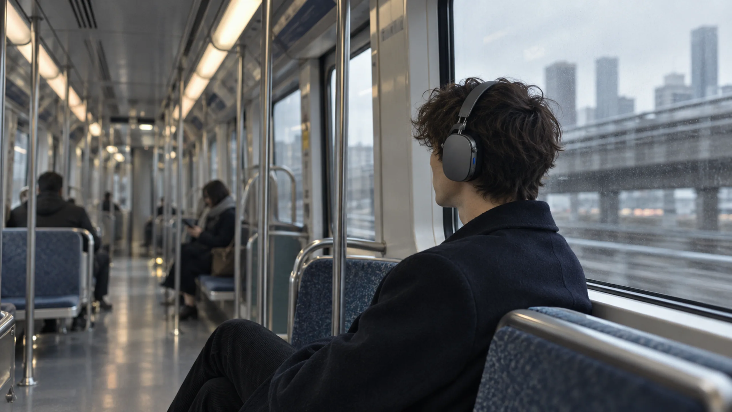 Aura One branded context artwork: Aluminium wireless headphones on concrete in daylight