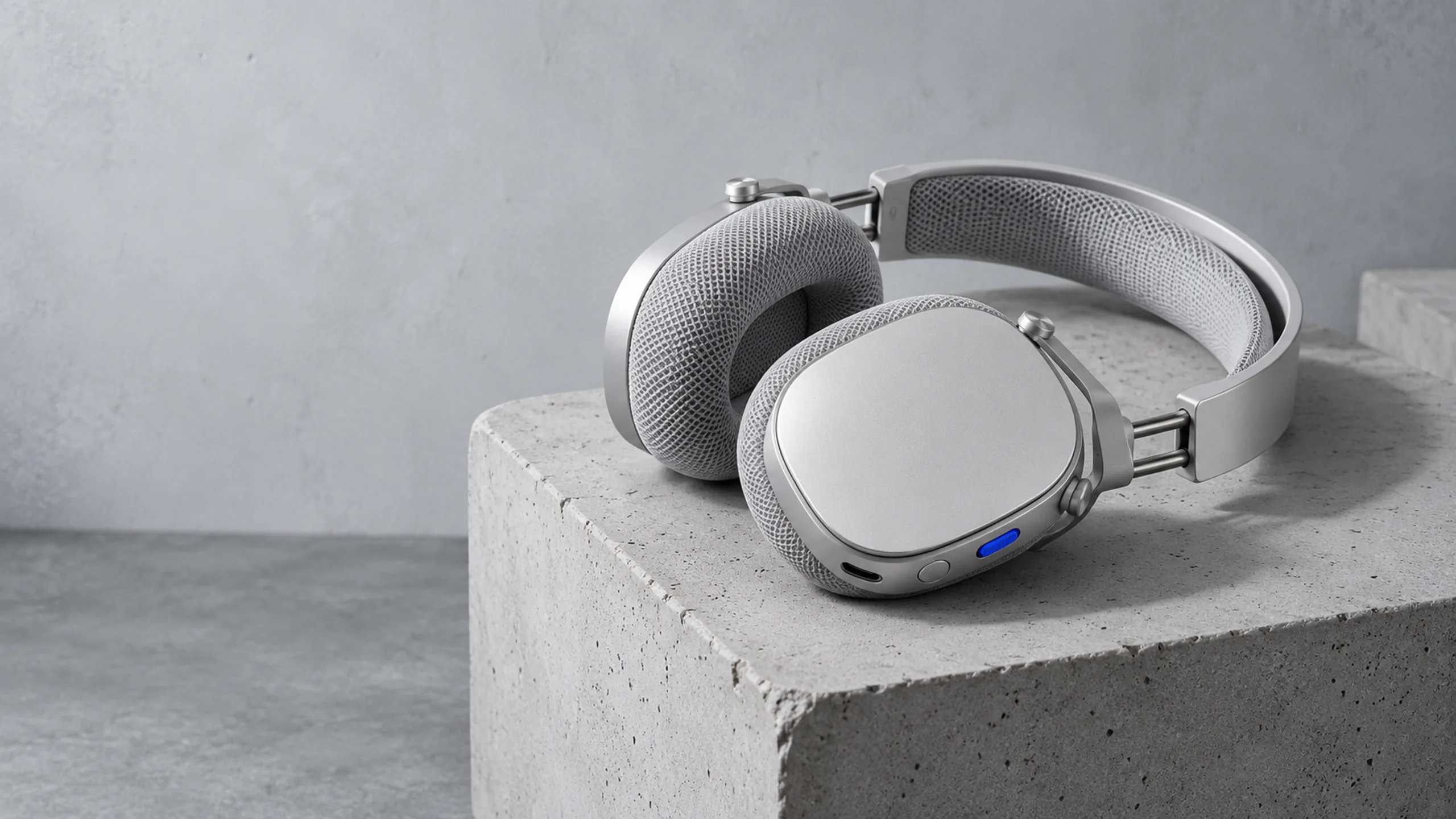 Aura One branded cover artwork: Aluminium wireless headphones on concrete in daylight