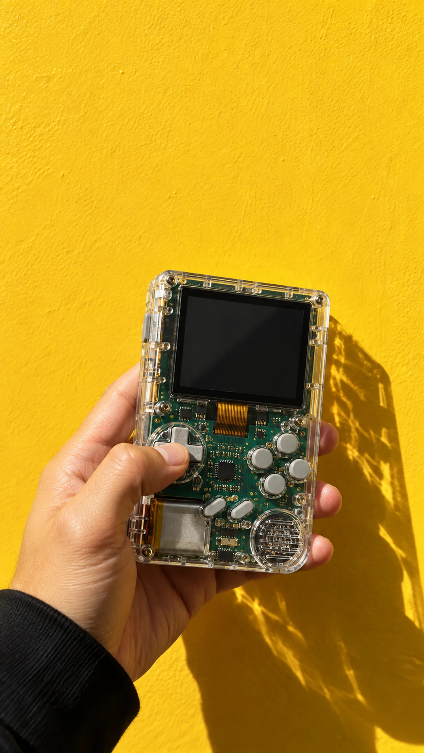 Buttern branded campaign artwork: A clear-plastic handheld console on butter yellow