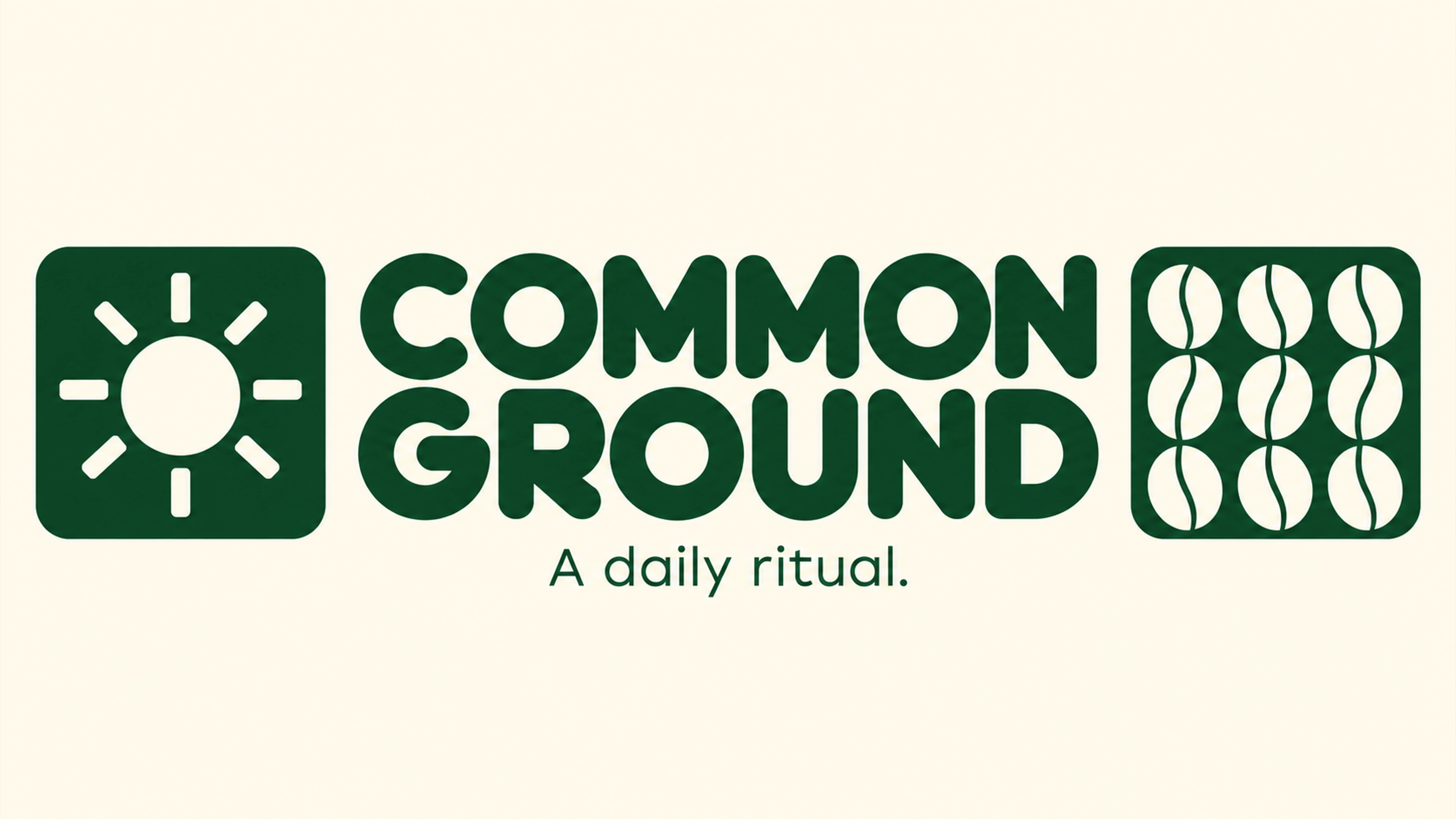 Common Ground branded context artwork: Forest-green coffee packaging and ceramic cups