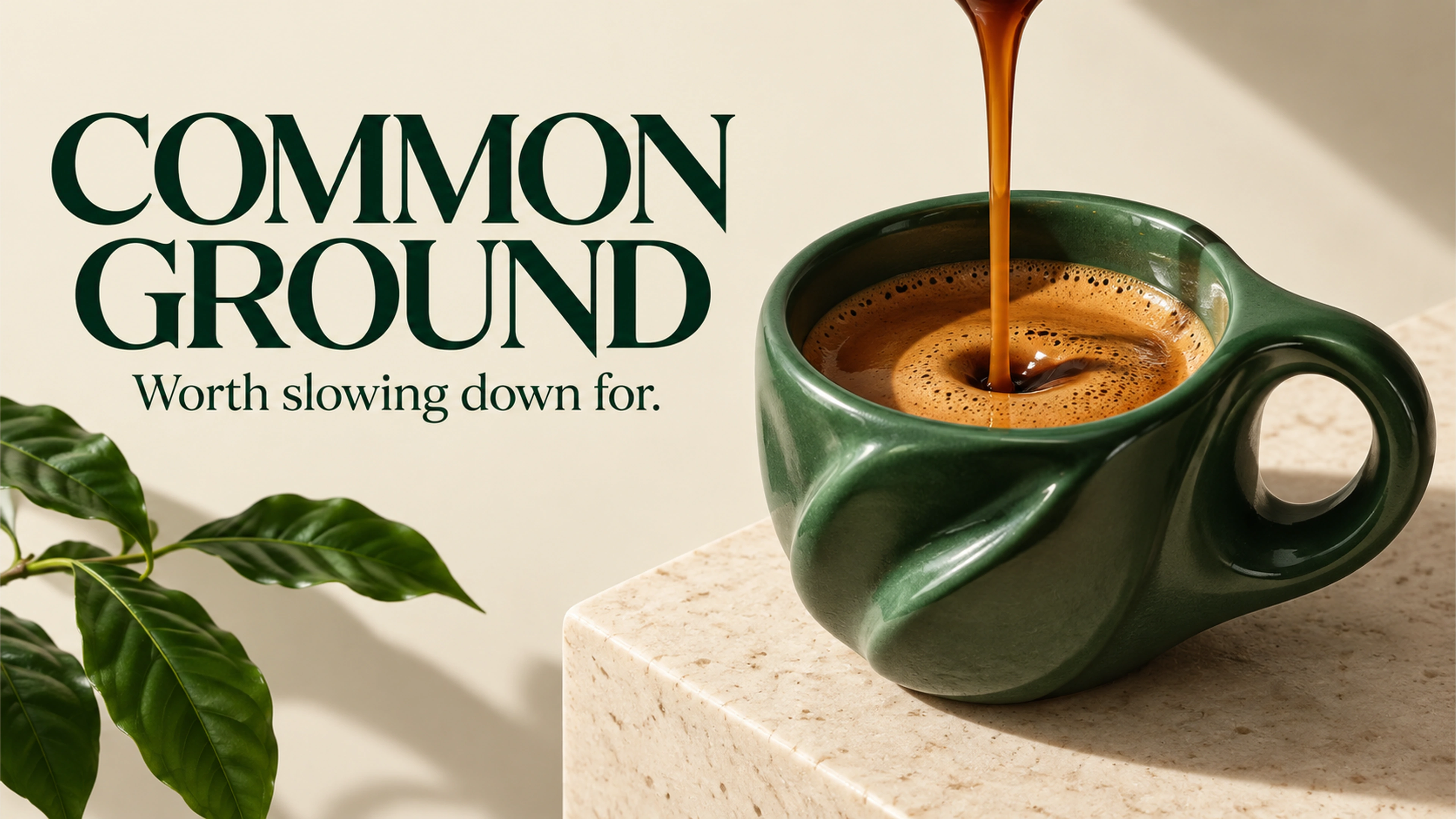 Common Ground branded detail artwork: Forest-green coffee packaging and ceramic cups