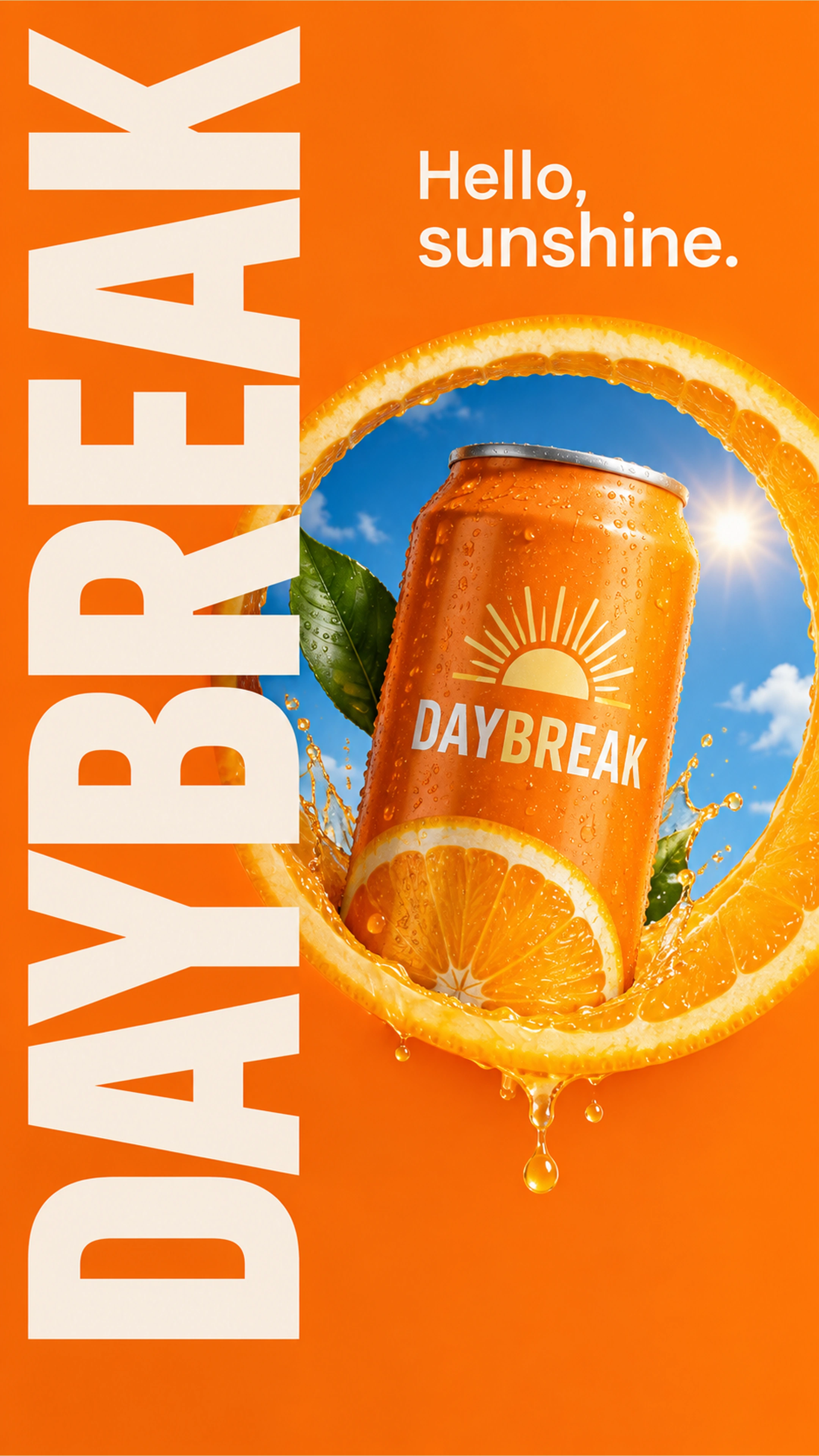 Daybreak branded campaign artwork: Orange beverage can and fresh citrus