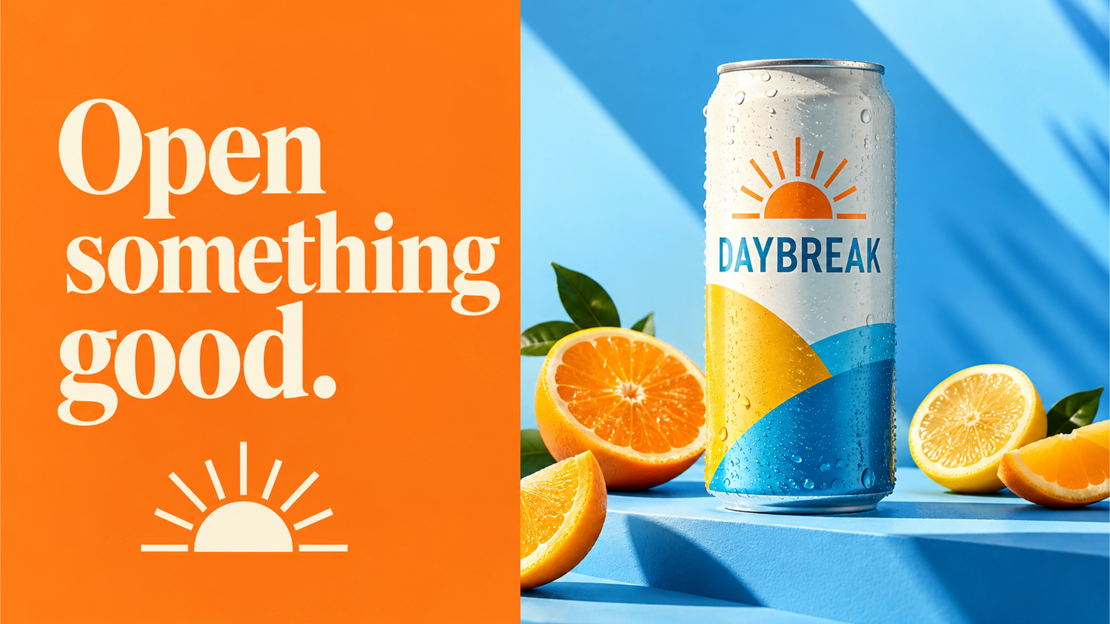 Daybreak branded context artwork: Orange beverage can and fresh citrus