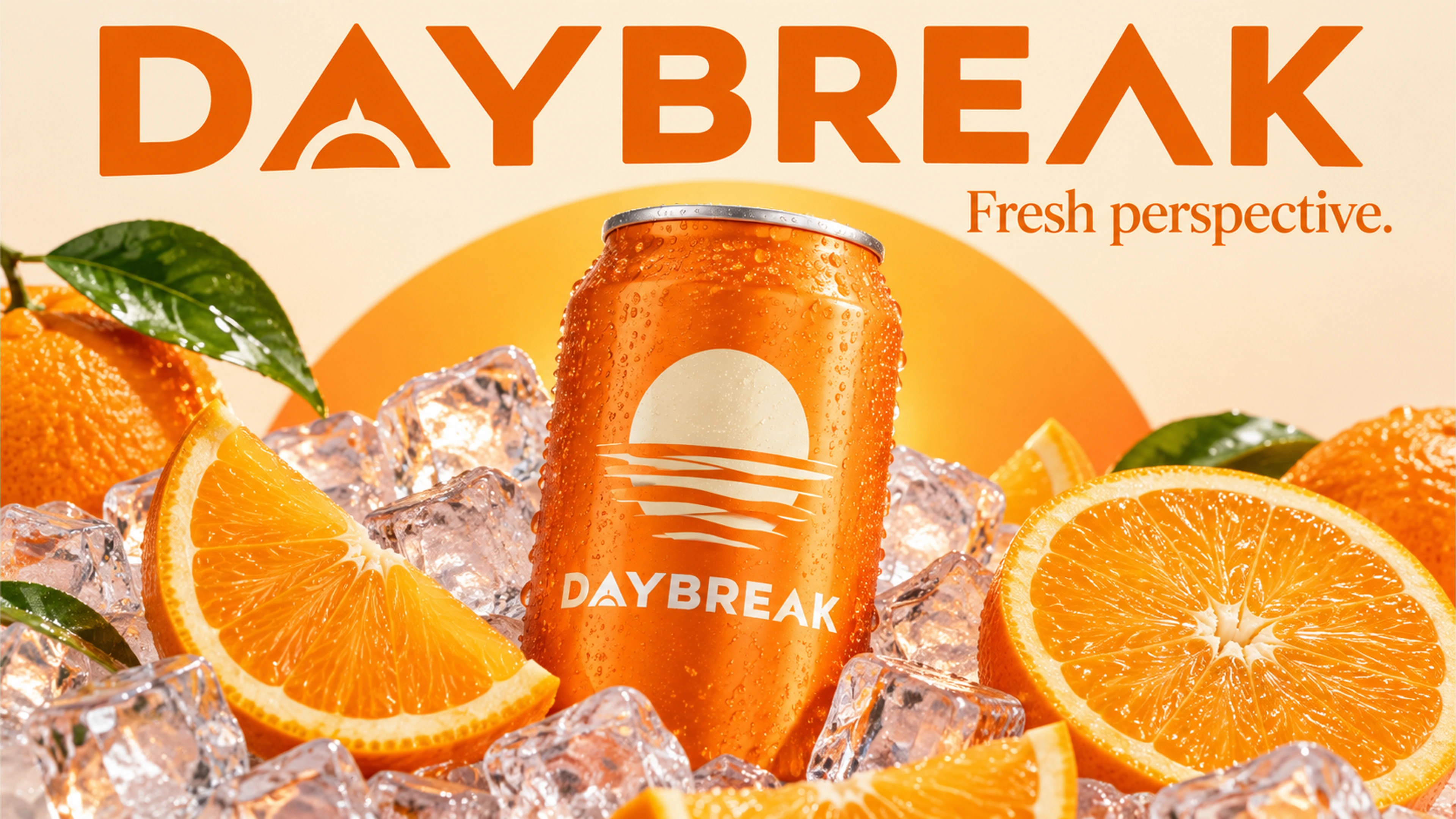 Daybreak branded detail artwork: Orange beverage can and fresh citrus