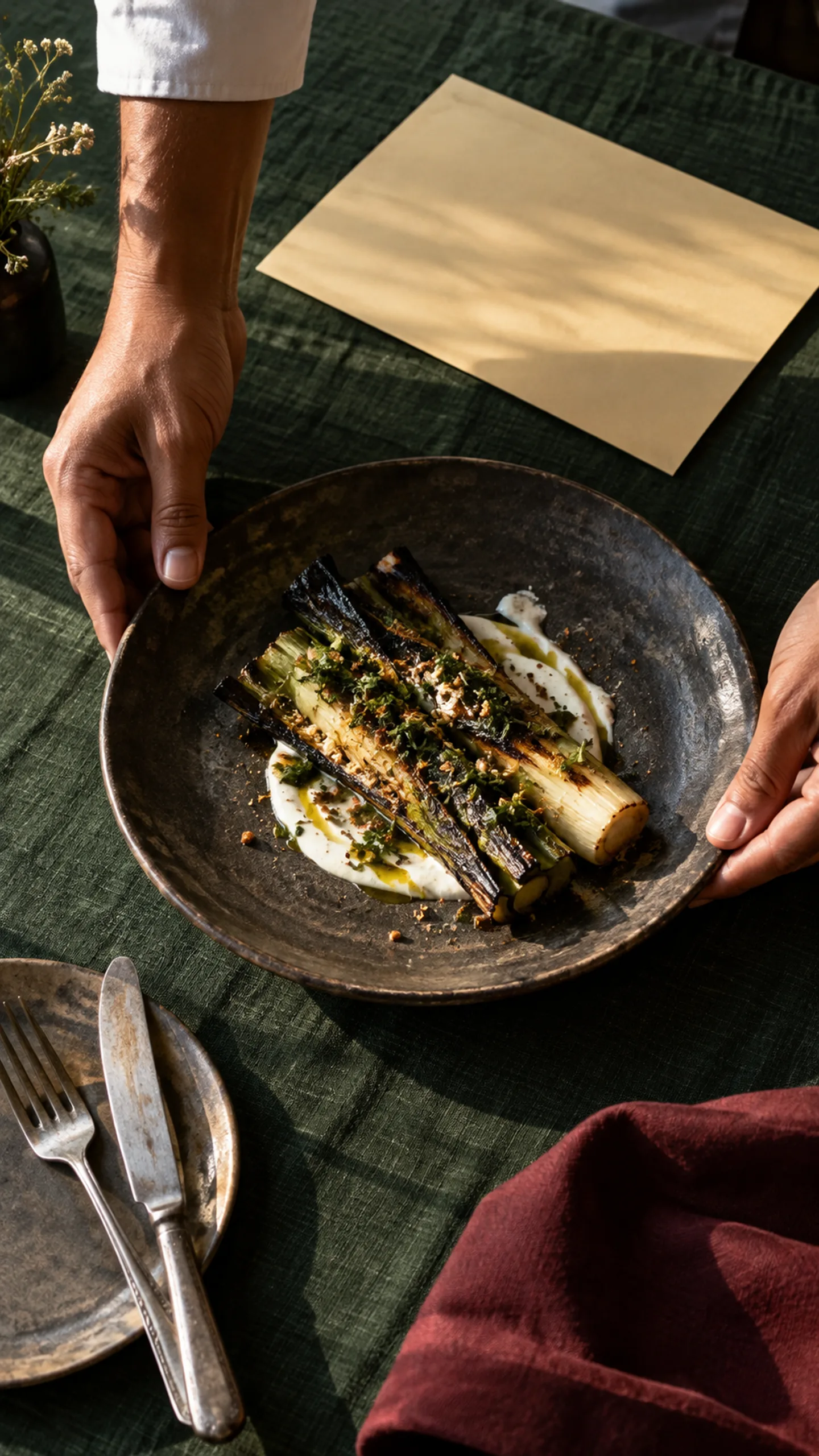 Ember & Oak branded campaign artwork: An oak-fire hearth and a butter-yellow tasting menu on bottle green