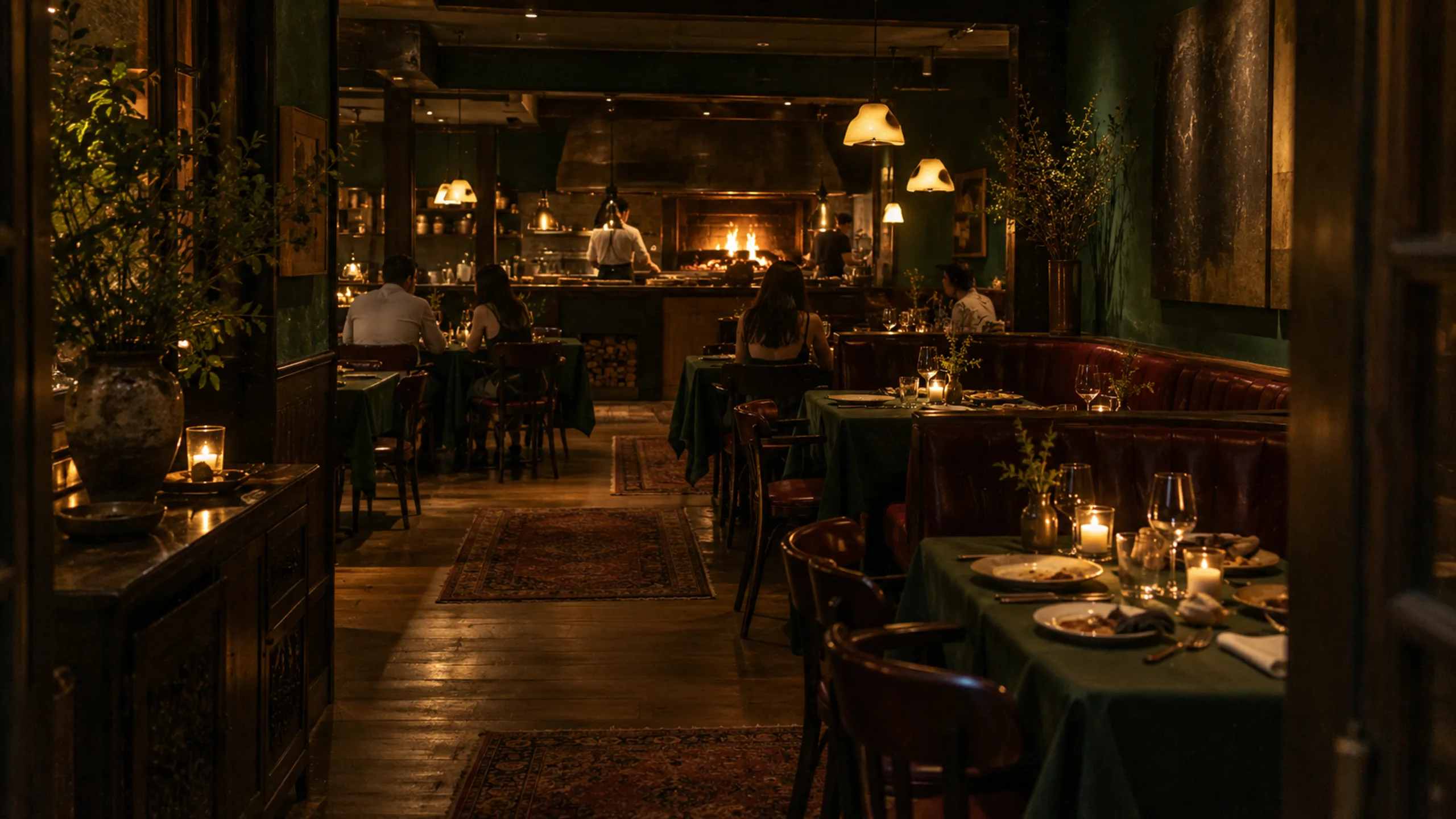 Ember & Oak branded context artwork: An oak-fire hearth and a butter-yellow tasting menu on bottle green