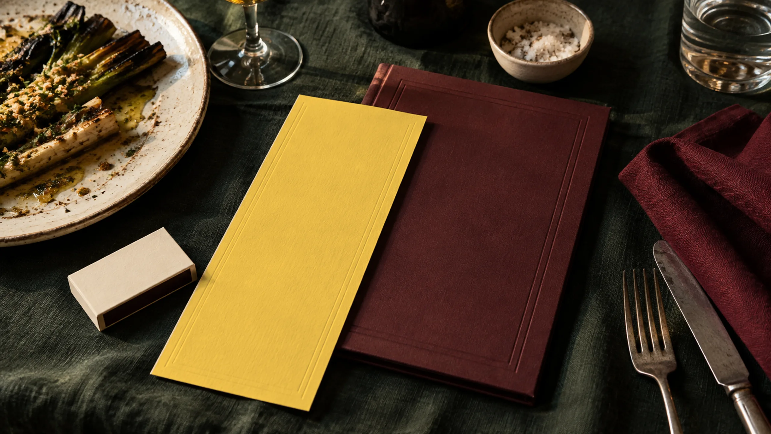Ember & Oak branded detail artwork: An oak-fire hearth and a butter-yellow tasting menu on bottle green