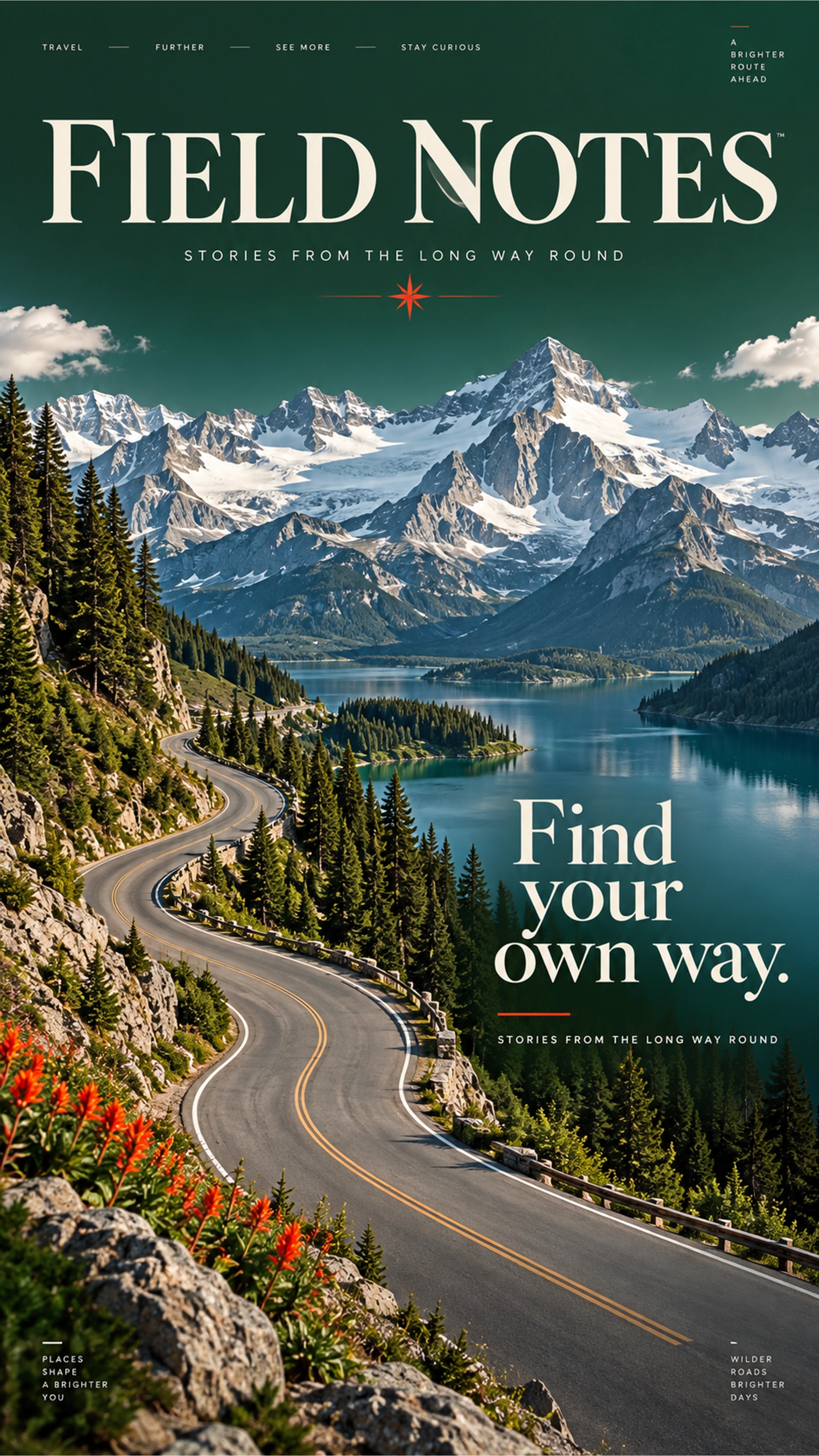 Field Notes branded campaign artwork: Alpine landscape and travel journal objects