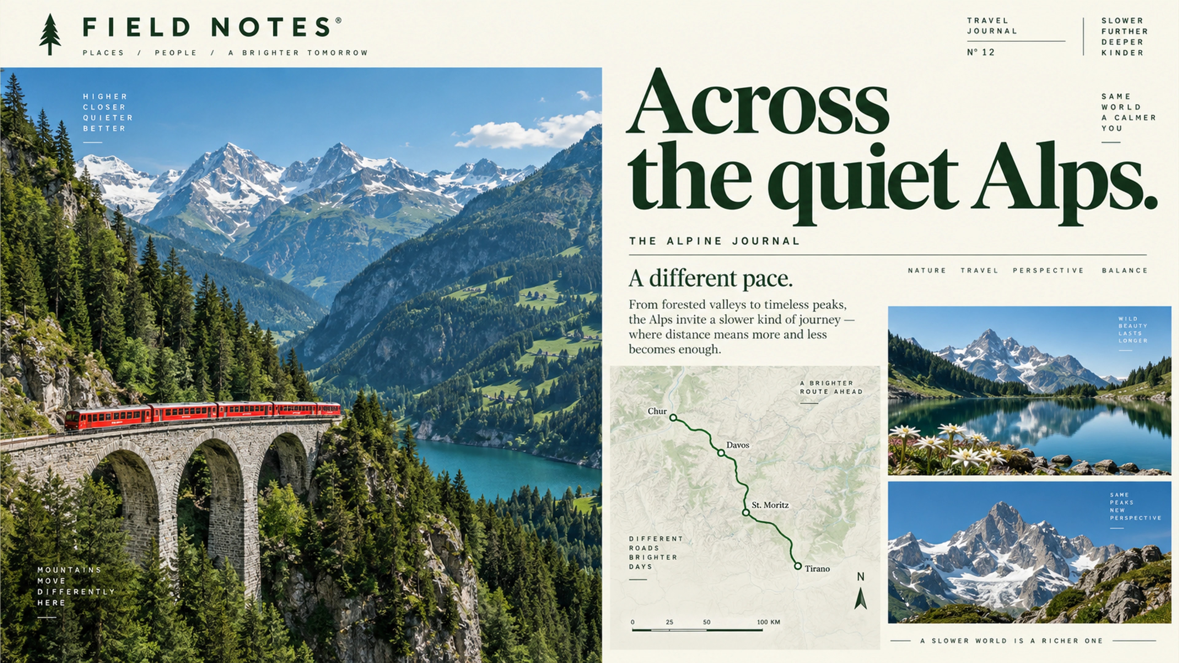 Field Notes branded context artwork: Alpine landscape and travel journal objects