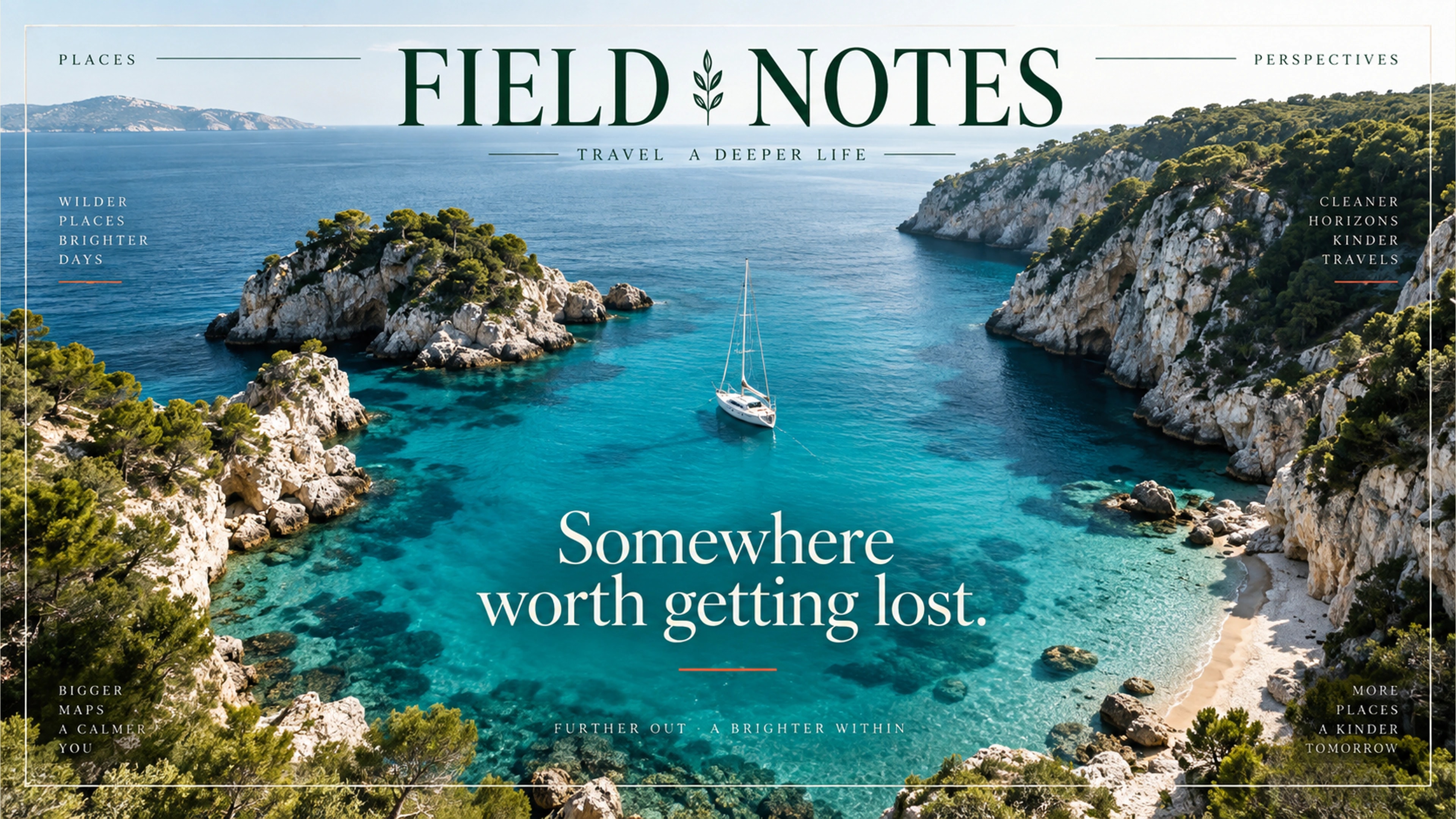 Field Notes branded detail artwork: Alpine landscape and travel journal objects