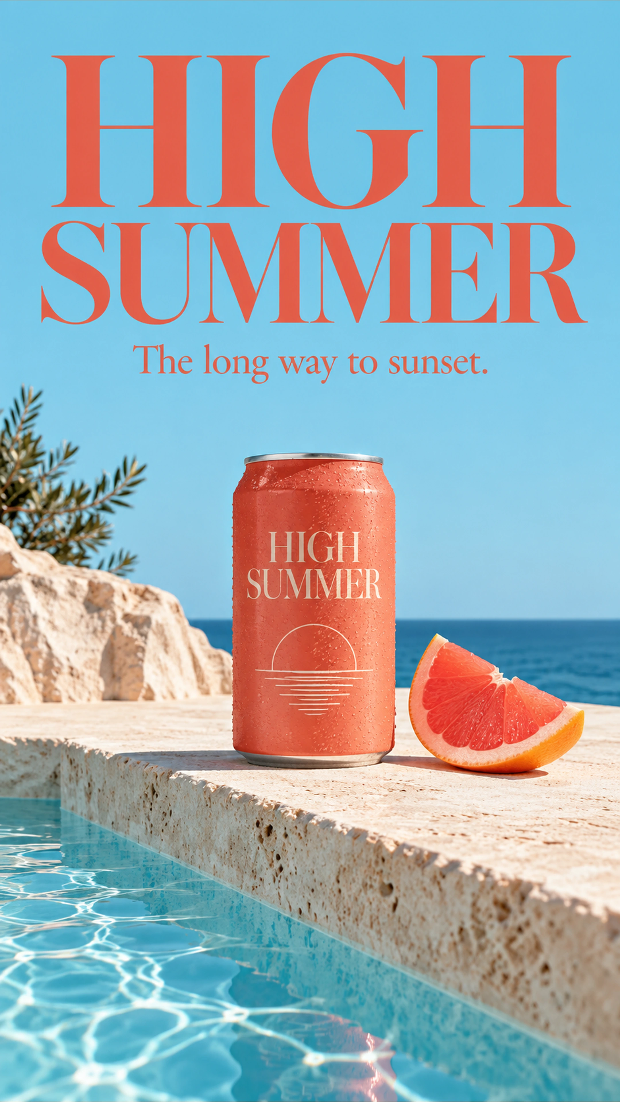 High Summer branded campaign artwork: Coral beverage packaging and turquoise pool water