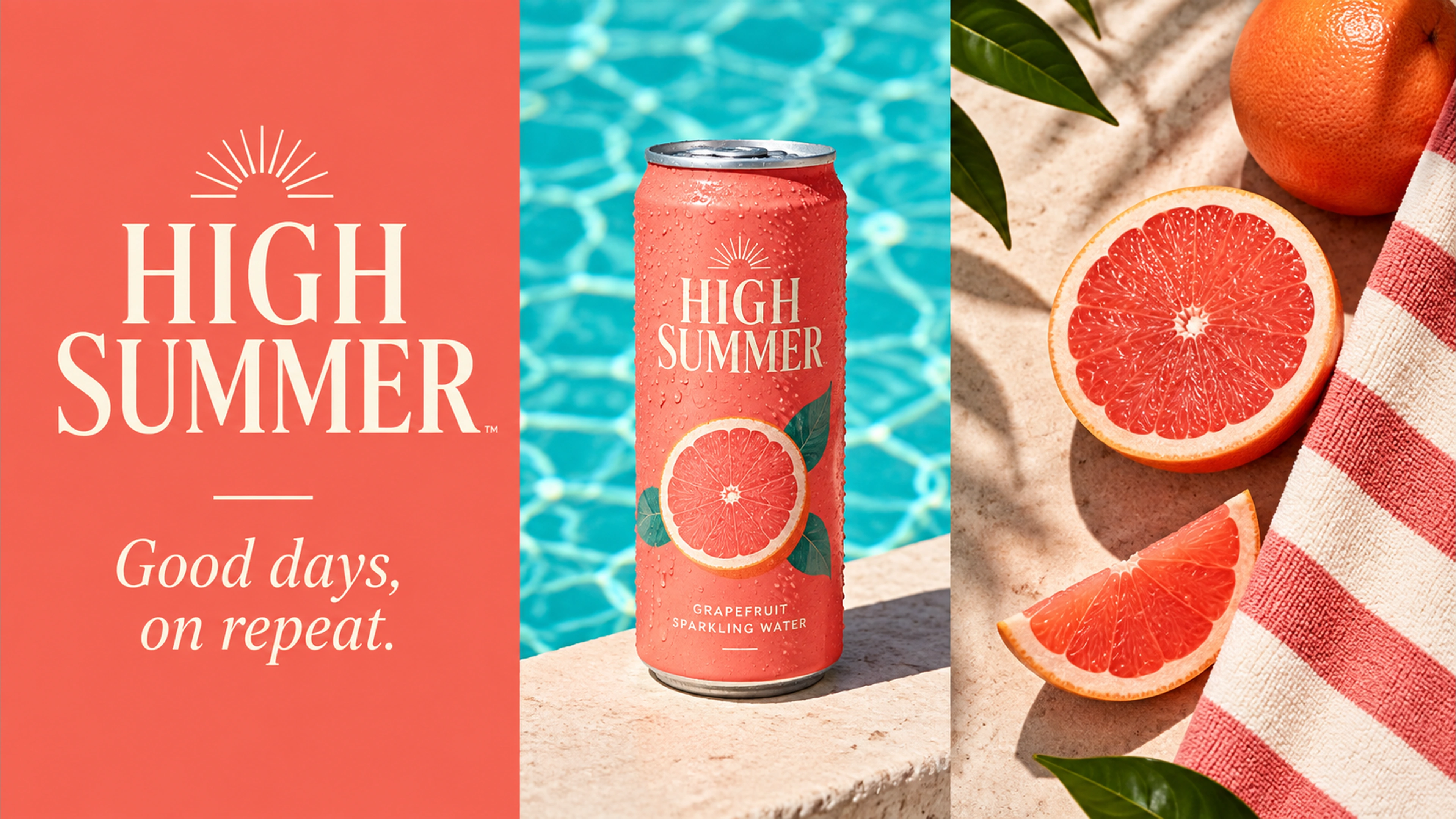 High Summer branded context artwork: Coral beverage packaging and turquoise pool water