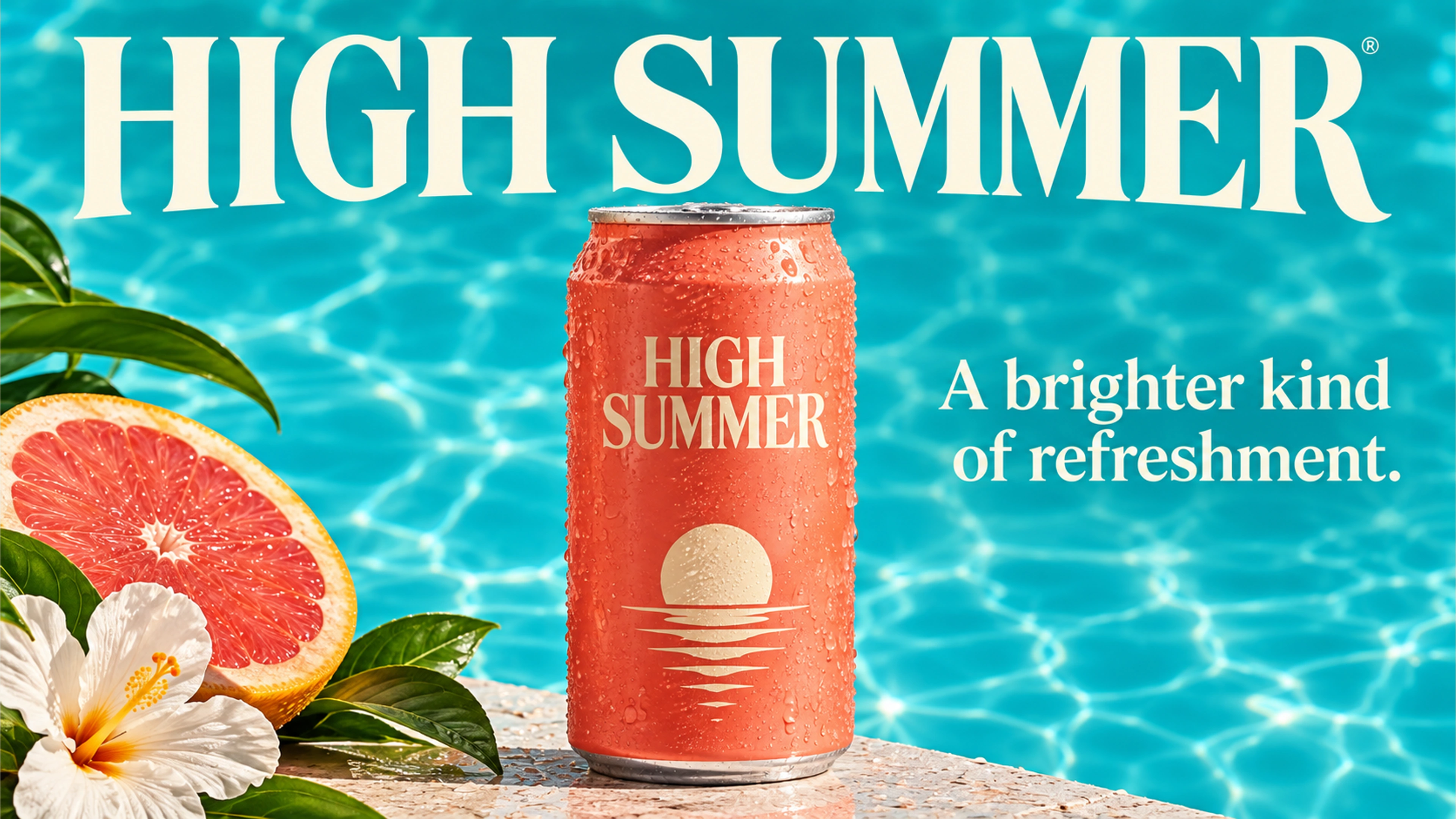 High Summer branded detail artwork: Coral beverage packaging and turquoise pool water