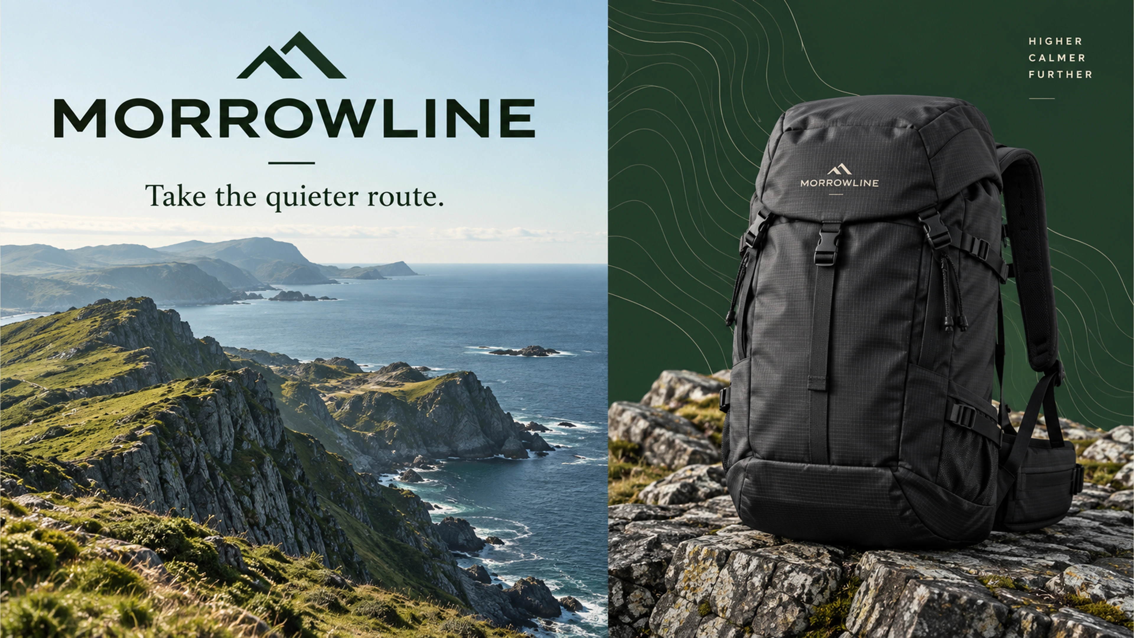 Morrowline branded context artwork: Technical outdoor equipment and coastal stone