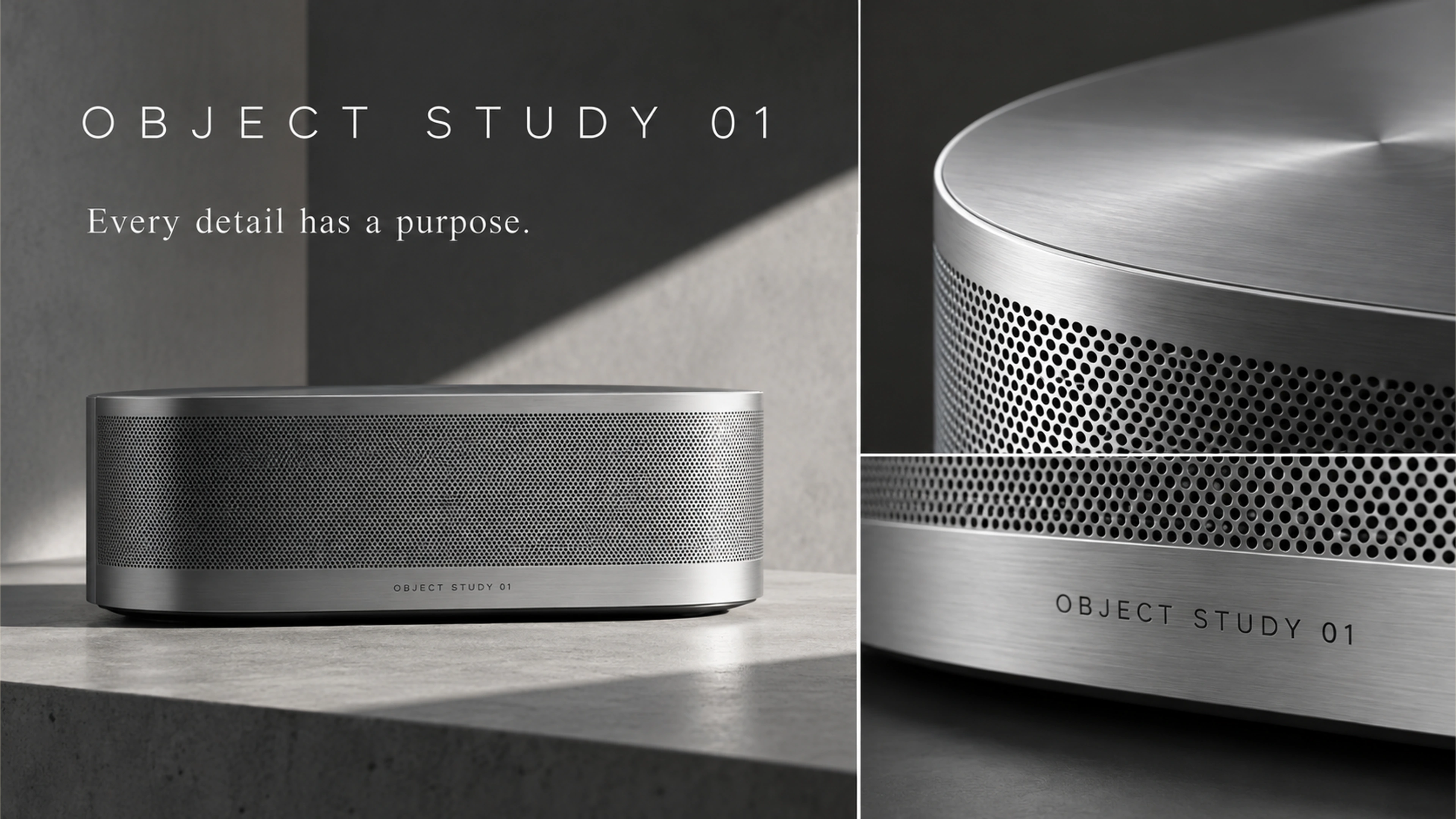 Object Study 01 branded context artwork: Brushed aluminium audio objects and woven speaker materials