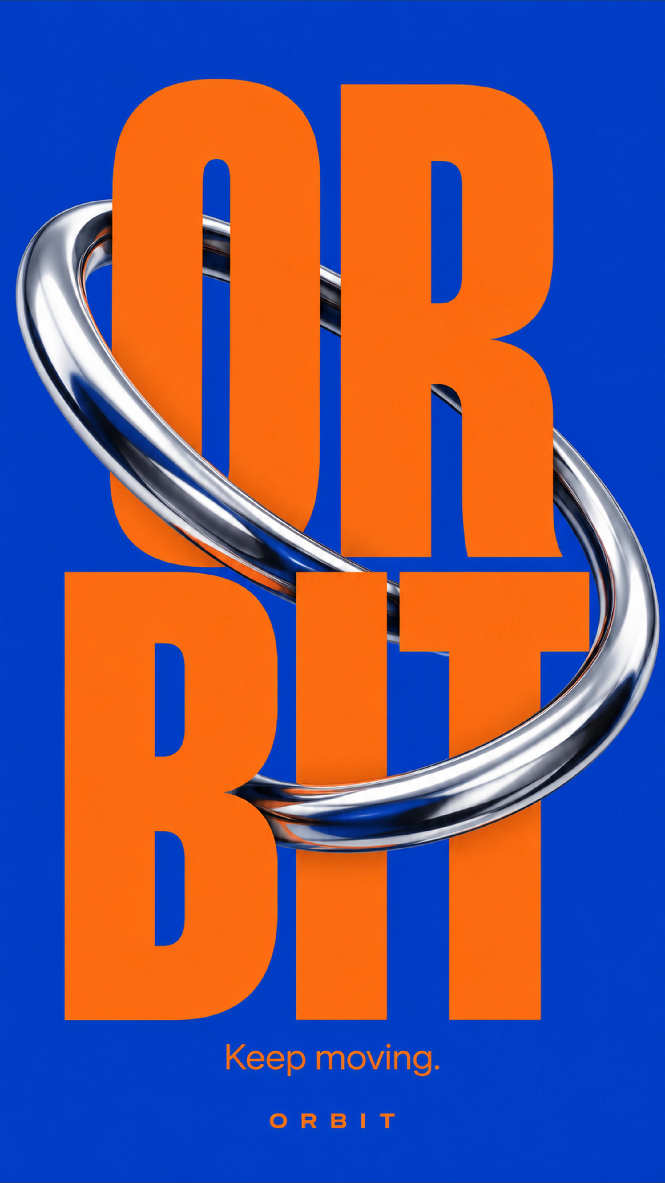 Orbit branded campaign artwork: Cobalt sculptural loops and an orange sphere