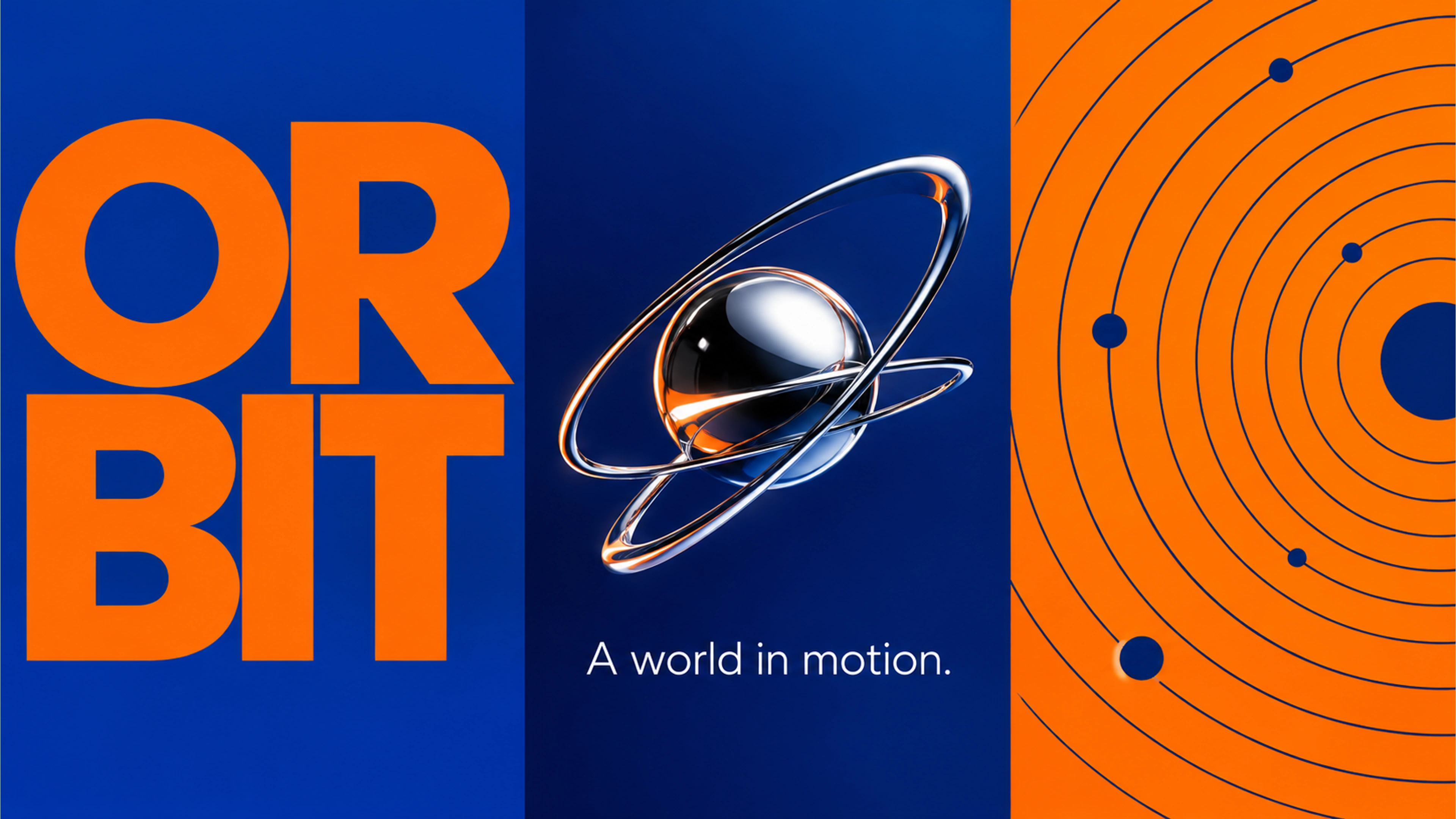 Orbit branded context artwork: Cobalt sculptural loops and an orange sphere