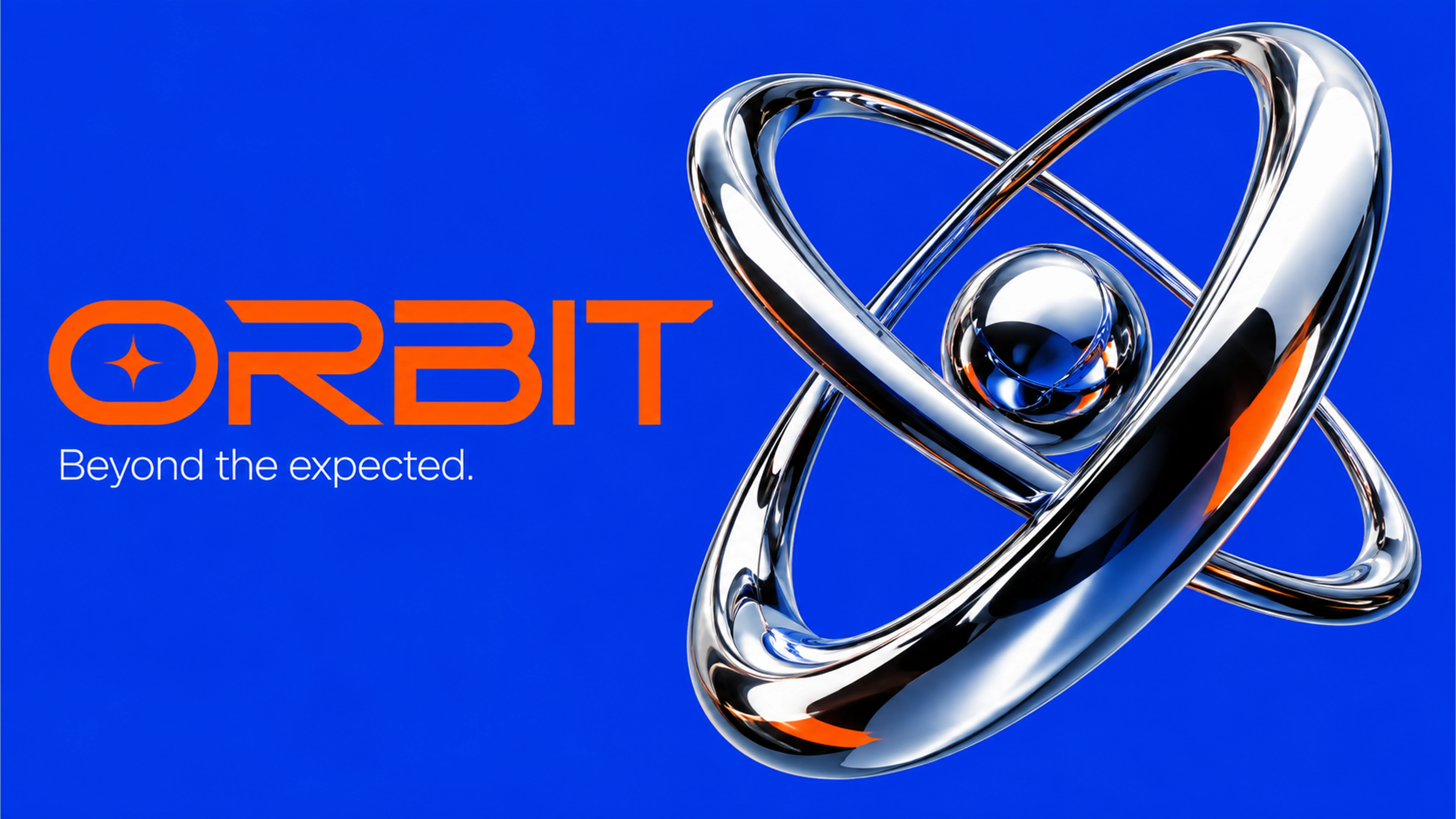 Orbit branded detail artwork: Cobalt sculptural loops and an orange sphere