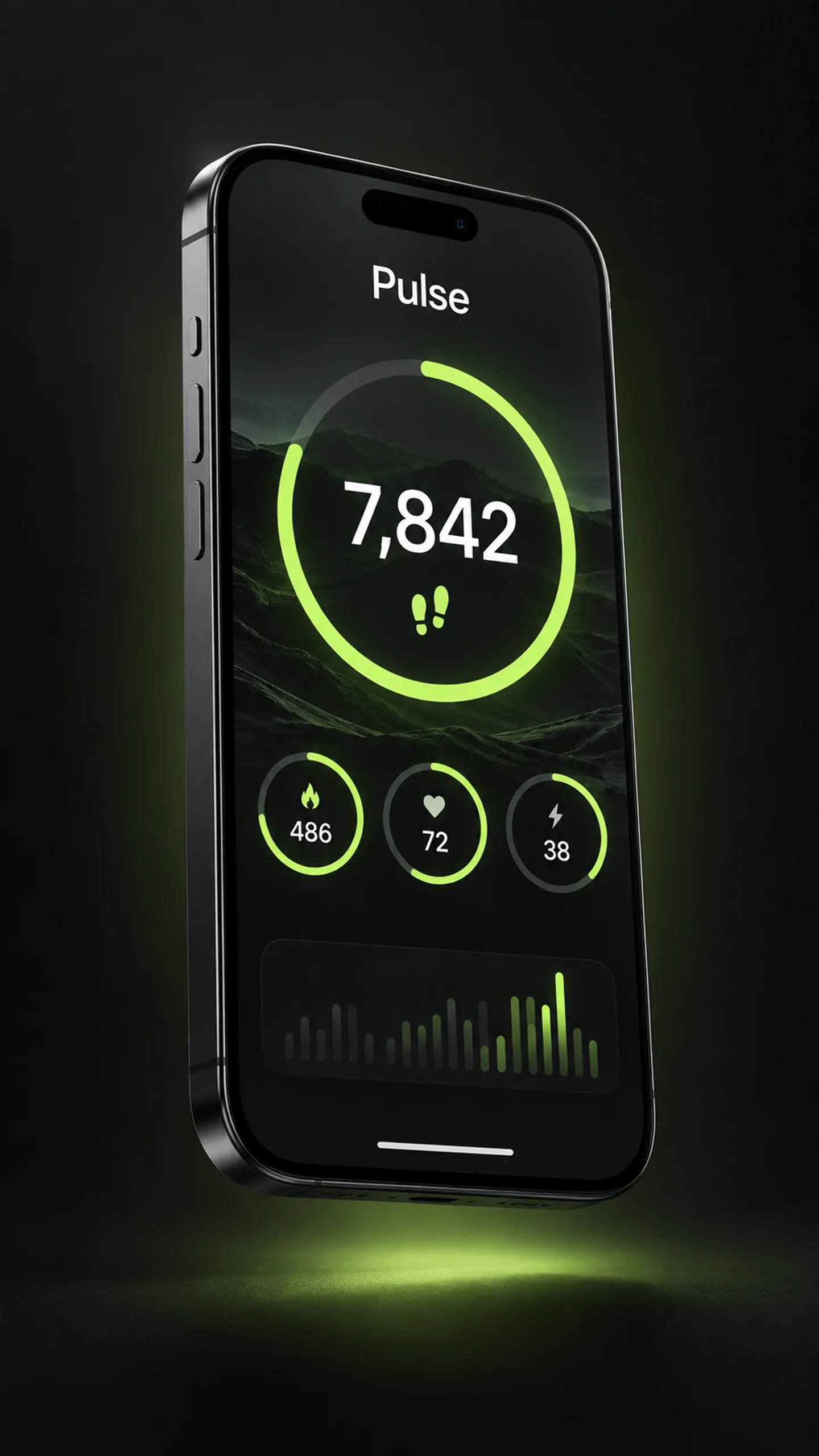 Pulse branded campaign artwork: A fitness app with lime-green activity rings on a smartphone