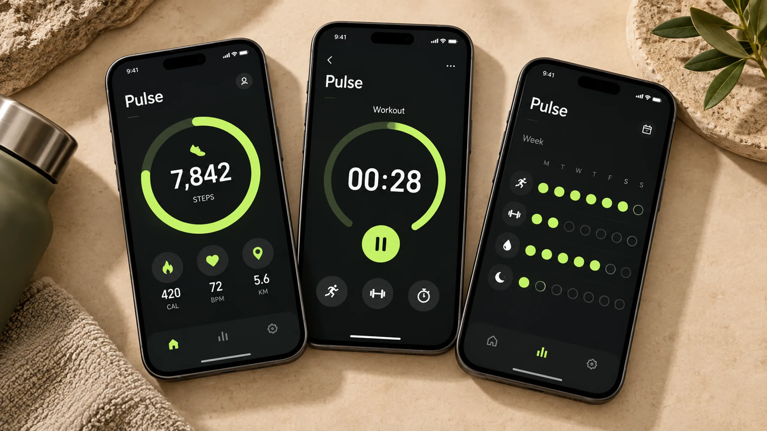 Pulse branded context artwork: A fitness app with lime-green activity rings on a smartphone
