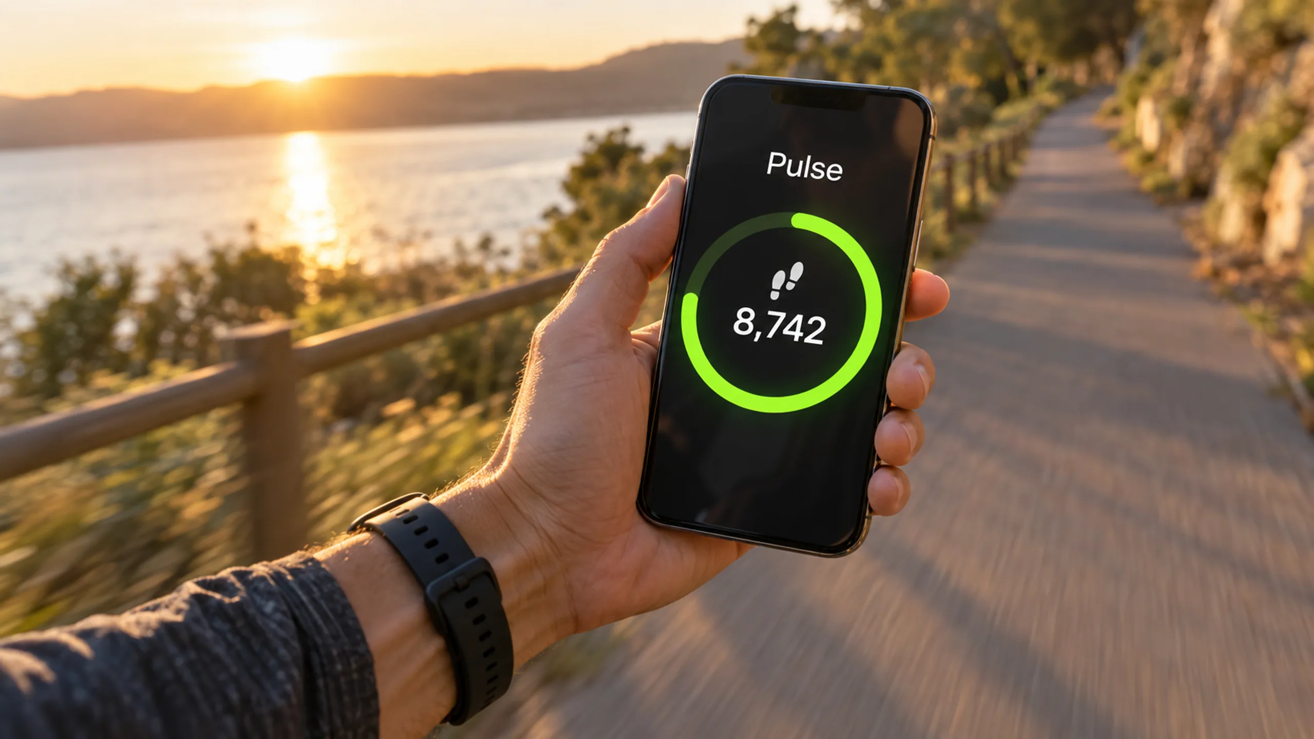 Pulse branded detail artwork: A fitness app with lime-green activity rings on a smartphone