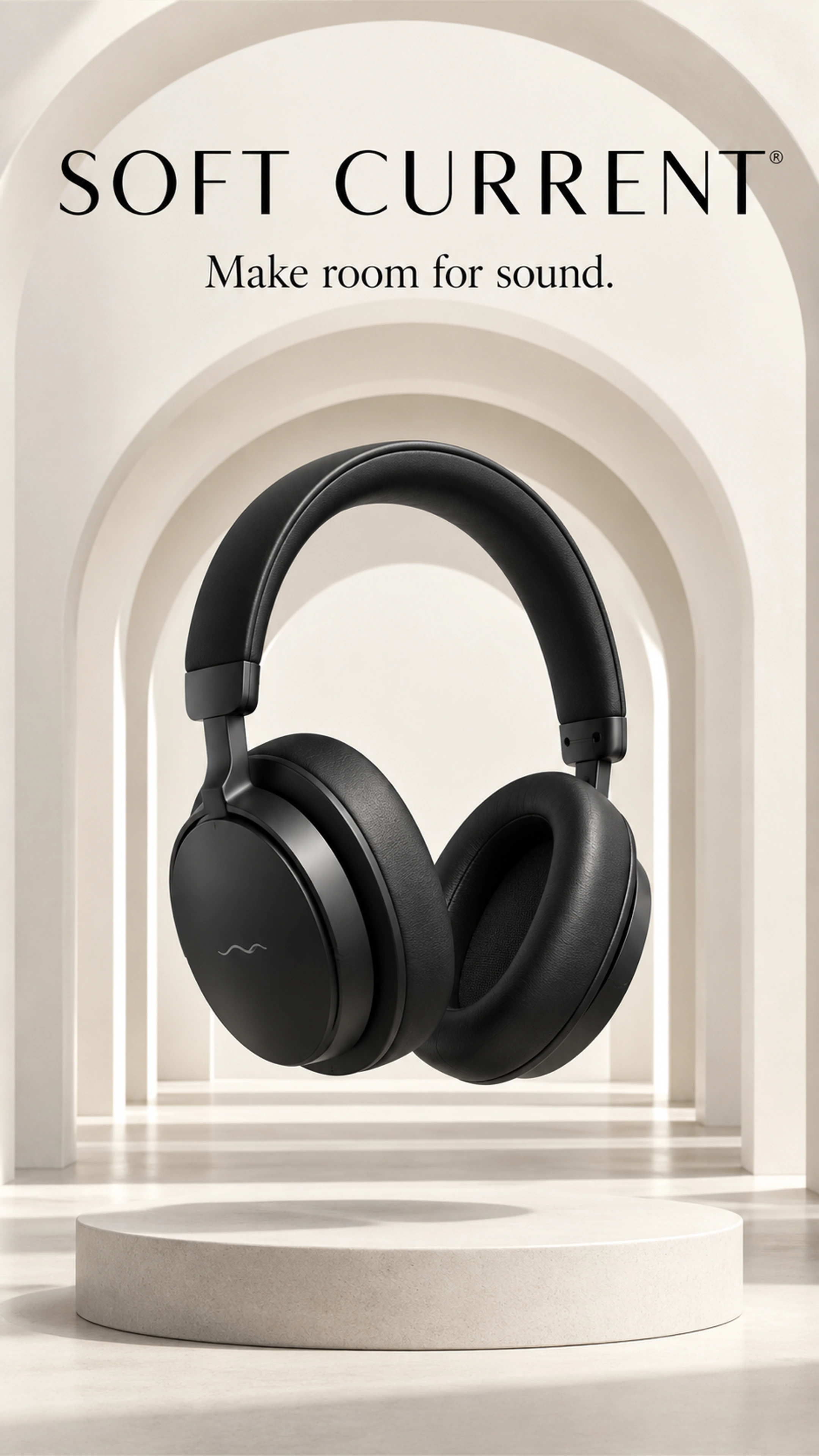 Soft Current branded campaign artwork: Black audio objects and pale travertine
