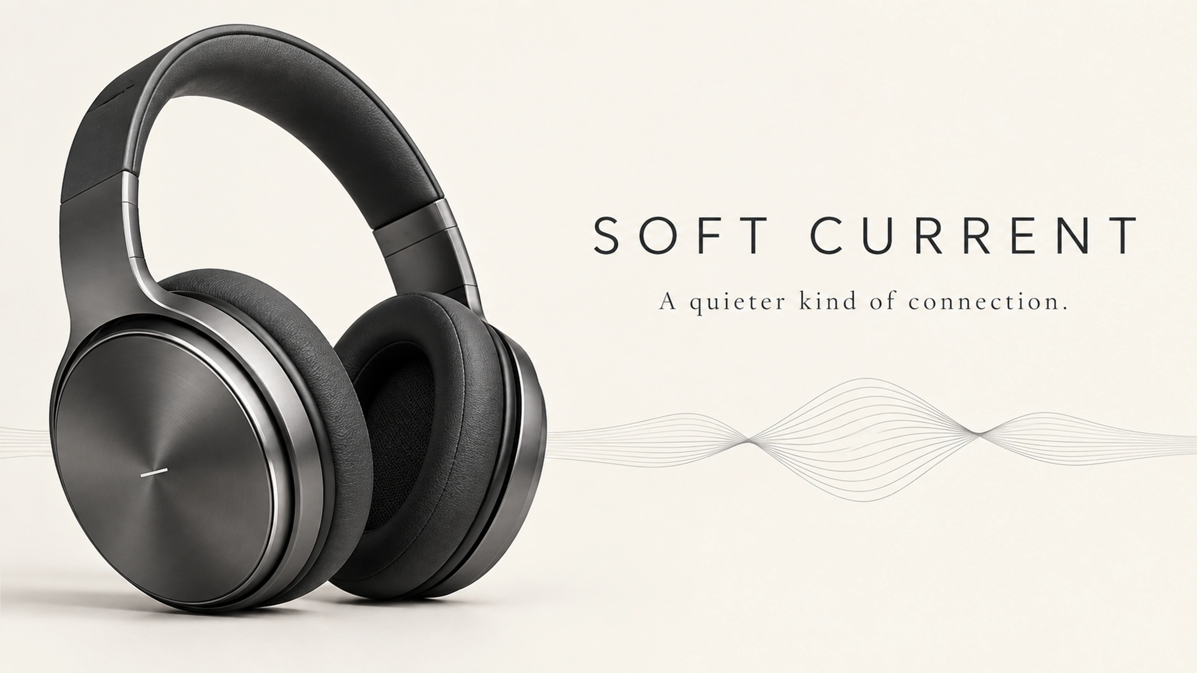 Soft Current branded context artwork: Black audio objects and pale travertine