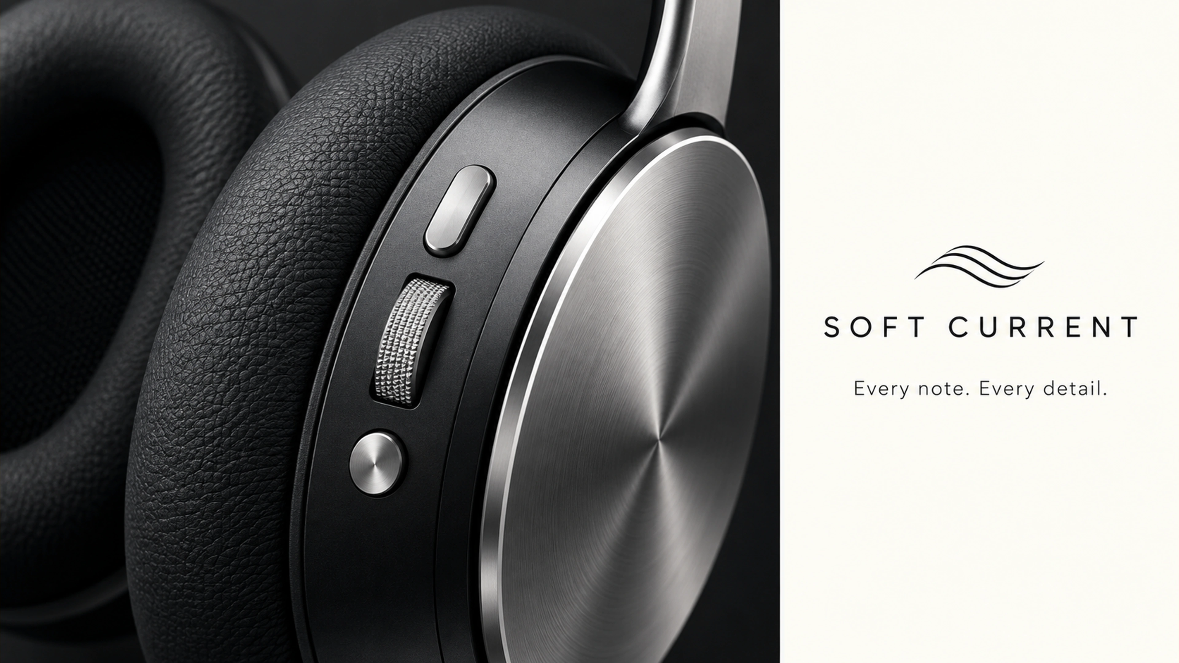 Soft Current branded detail artwork: Black audio objects and pale travertine