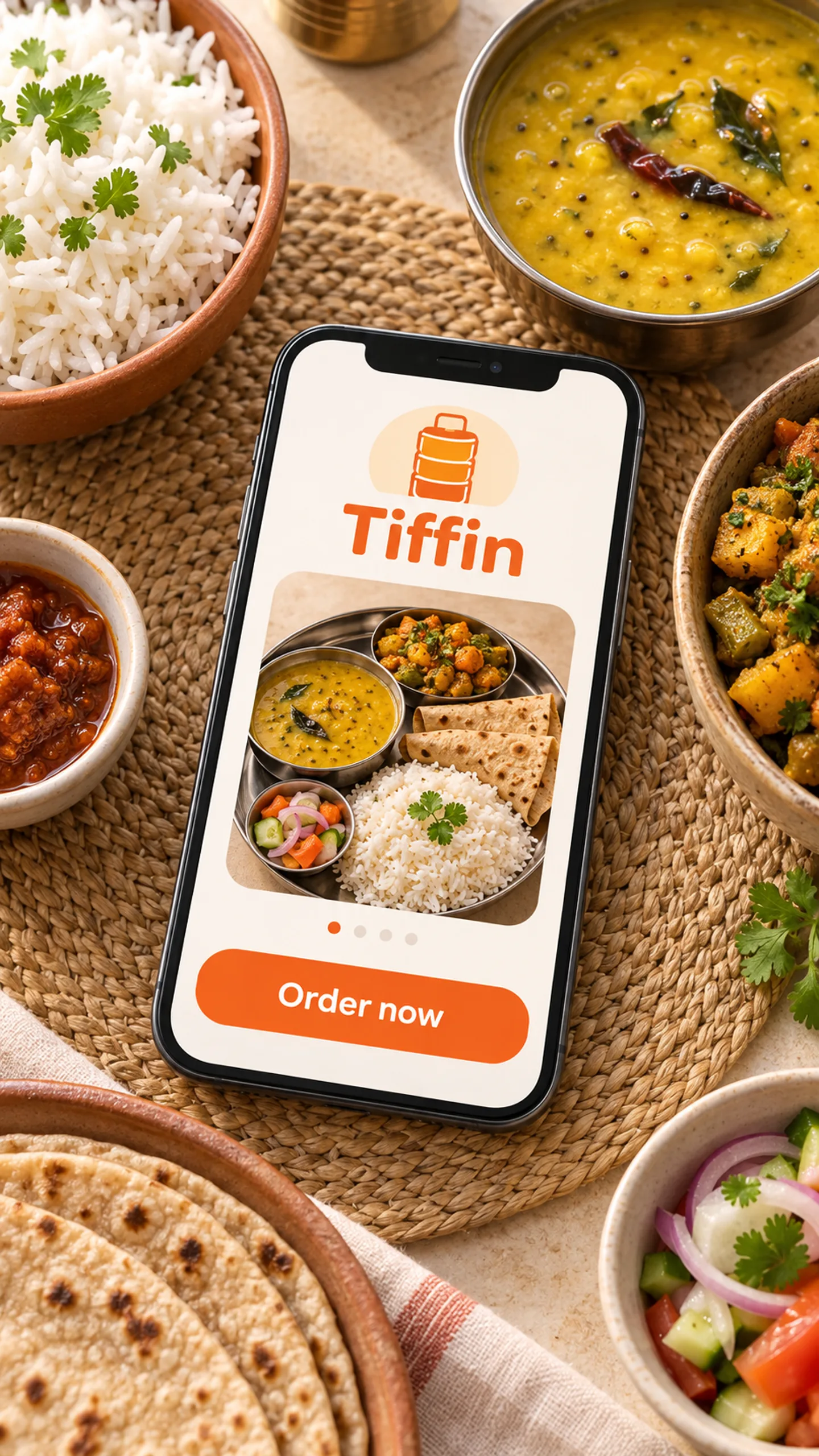 Tiffin branded campaign artwork: A steel tiffin of home-cooked food and a meal delivery app