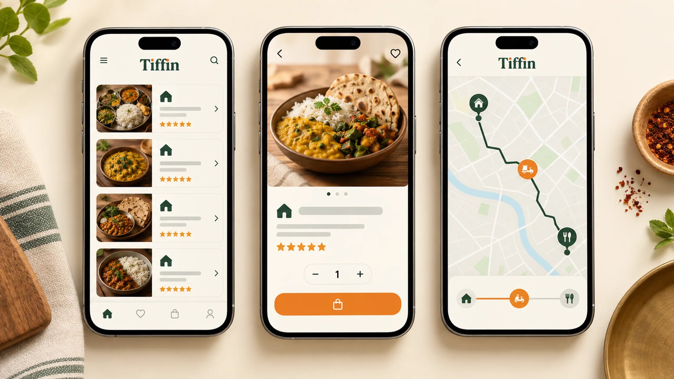 Tiffin branded context artwork: A steel tiffin of home-cooked food and a meal delivery app